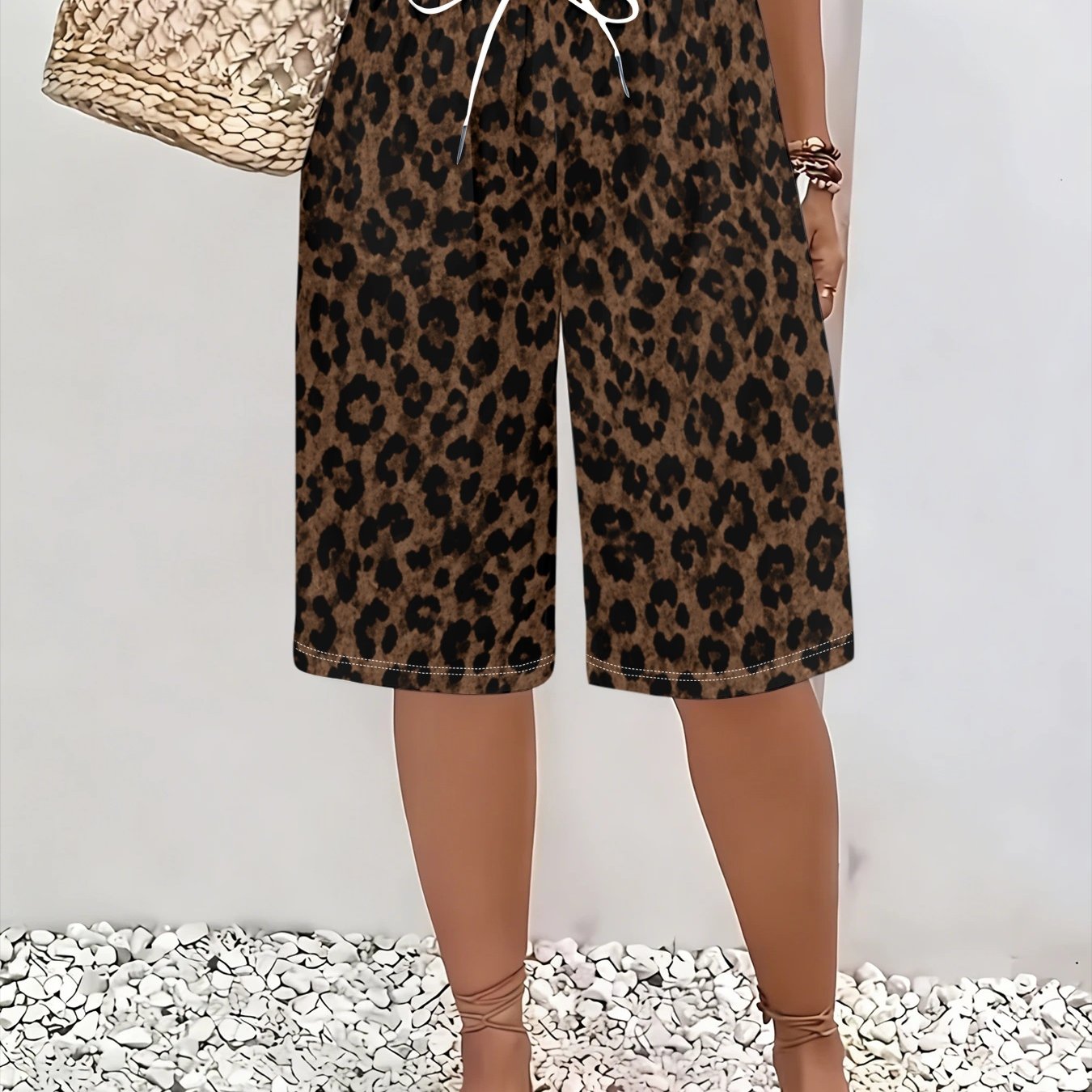 TEMU Retro Spicy Style Women's Leopard Print Drawstring Wide-leg 5-point Pants, Leopard Print With A Wild Atmosphere, Loose Wide-leg Version Hides