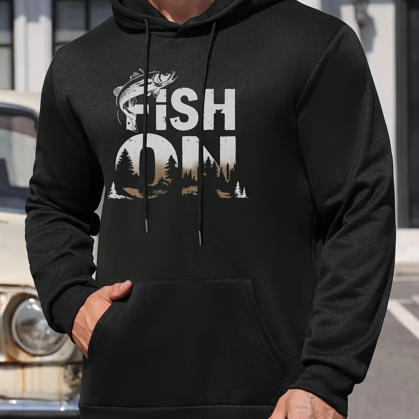 TEMU Mens Hoodie Black With Graphic Relaxed Fit Pullover Hooded Sweatshirt For Everyday & Formal Outfits Machine Washable Polyester Hoodie For Casual