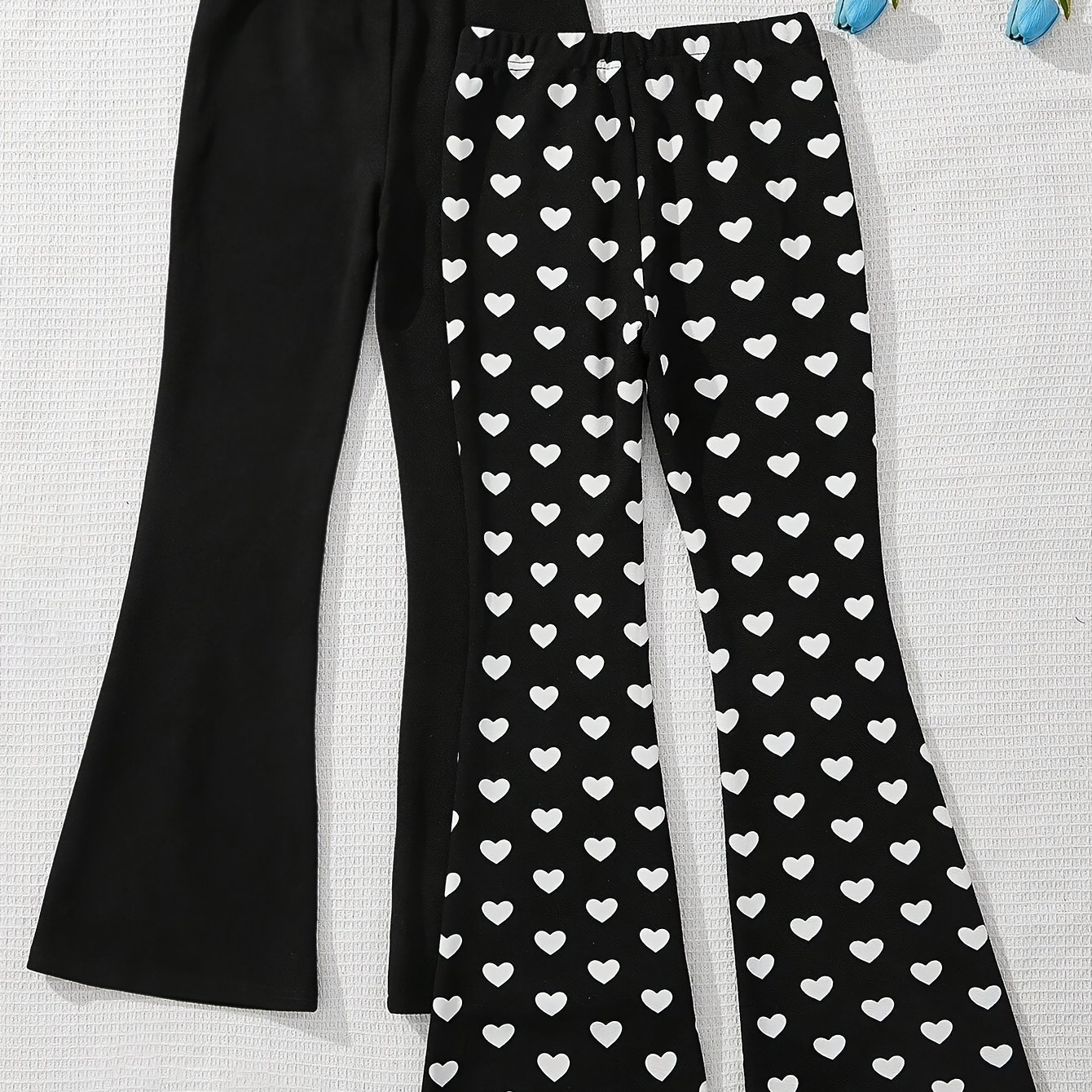 Girls 2pcs Set: Girls' Fashion Heart Love Pattern Print Flared Pants And Solid Black Flared Pants, Girls' Comfortable Outdoor Athletic Long Pants, Suitable 3 And Up, For Outdoor