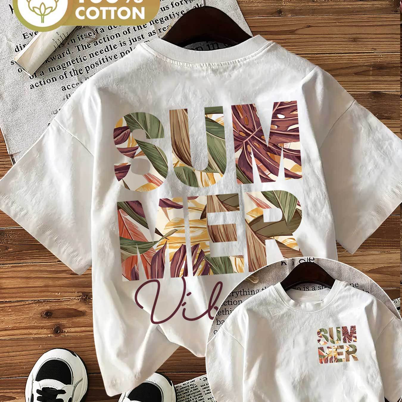 Image of Printed Round-neck Short-sleeve T-shirt For Women, Featuring A Tropical Plant And Leaf Design On Sides