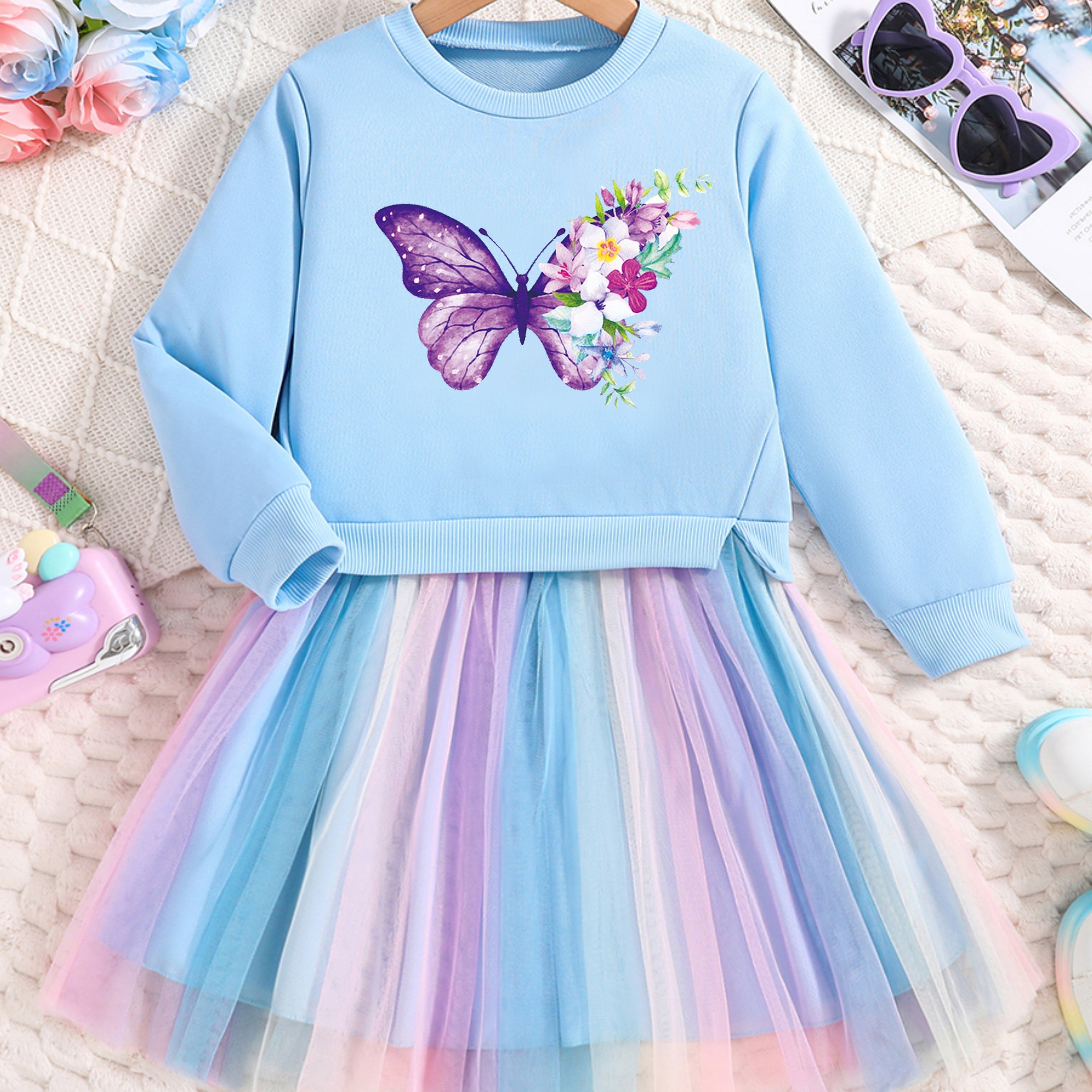 Image of Cute Casual Long-sleeve Dress For Girls With A Round Neck And Pattern In Light Blue, Suitable For Everyday Wear, Holidays, And School