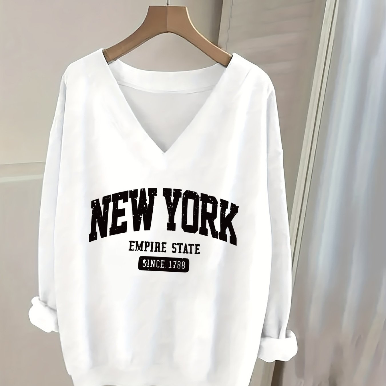TEMU Sweat-shirt d'automne et d'hiver à col en V et manches longues pour femmes, motif slogan directionnel, chaud et confortable, élégant et
