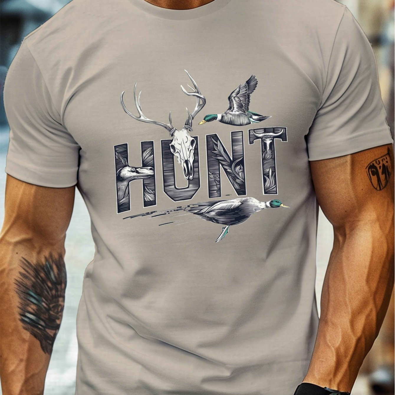 TEMU Men's Deer & 'hunt' Graphic Tee - Casual Crew Neck Short Sleeve T-shirt, Lightweight & Comfy For Summer
