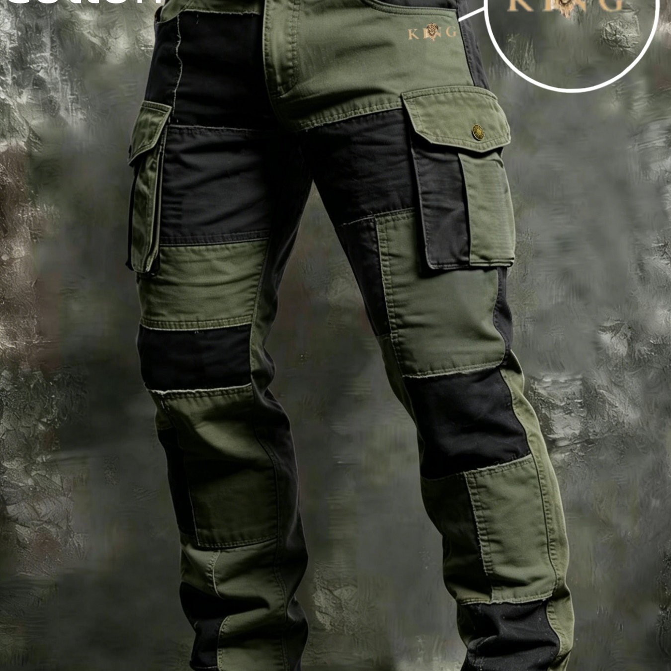 Image of Men's 100% Cotton Cargo Pants, Color Block Multi Flap Pockets Straight Leg Work Trousers, Loose Fit Casual Outdoor Streetwear Long Pants