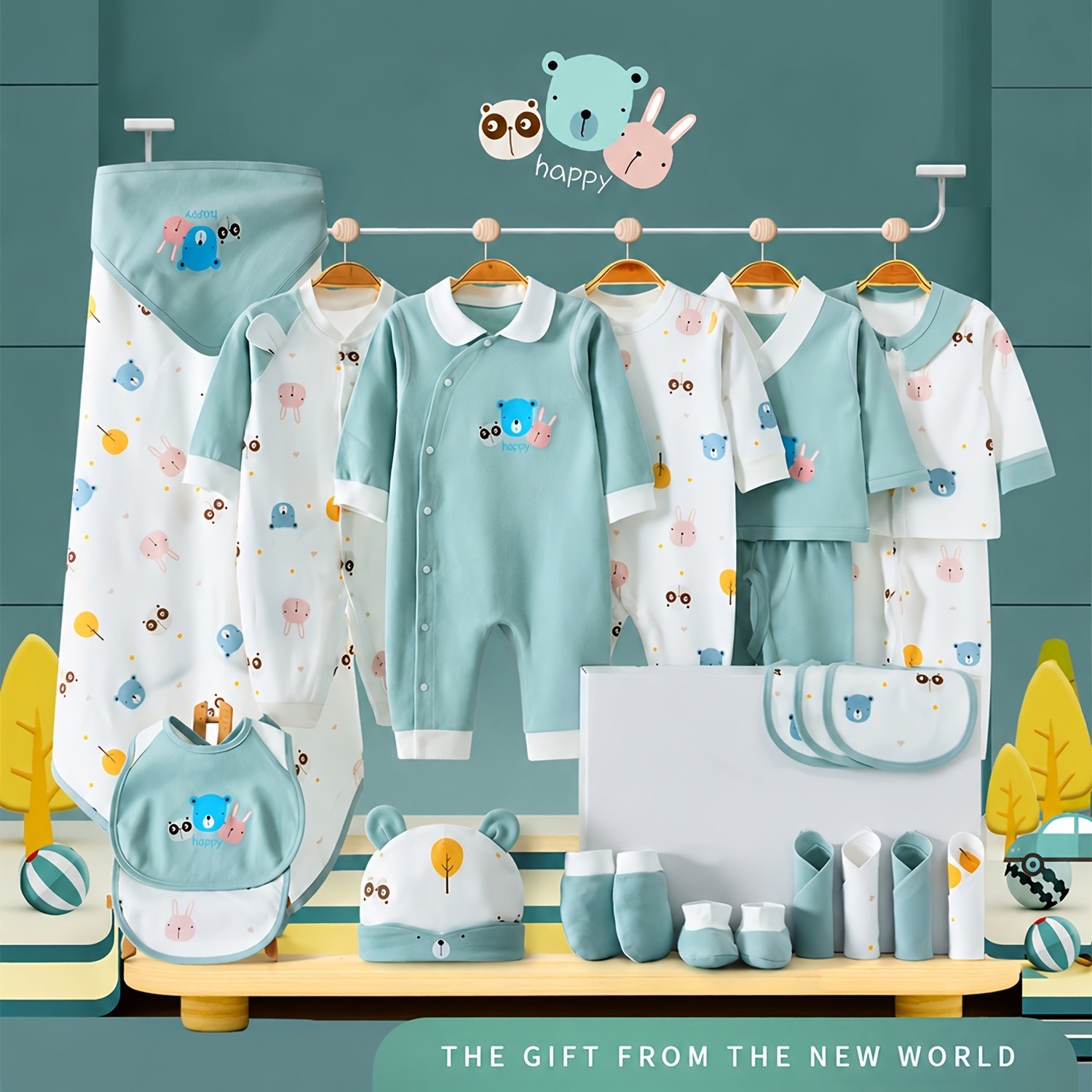 TEMU Boy Baby Clothes And Baby Supplies, Complete Set Of Daily Items For Newborns, 0-3 Months Old, Total 26 Sets, 5 Sets Of Clothes, Bib, Hat, Bib