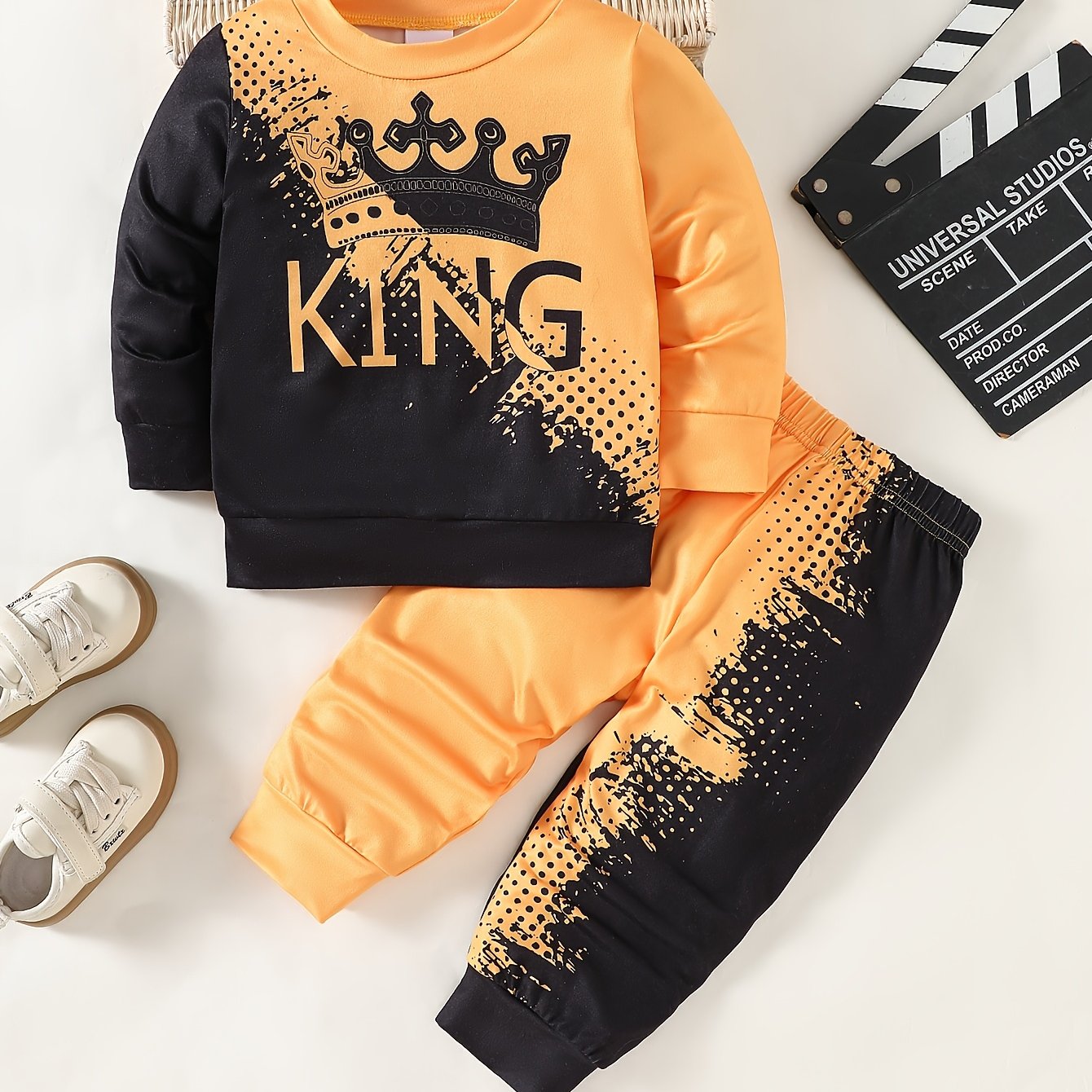 Image of Autumn And Winter Street Fashion And Crown Positioning Printed Contrast Color Long Sleeve Top + Contrast Color Long Pants 2 Piece Set Boys Clothing Boys Suit, Perfect For Outdoor