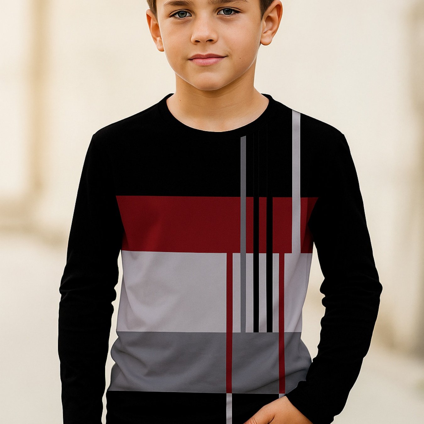 TEMU Children's Fashion Geometric Color-blocking Long-sleeved T-shirt: Black, Red And Gray , With Creative Geometric , A Unique And Trendy Children's
