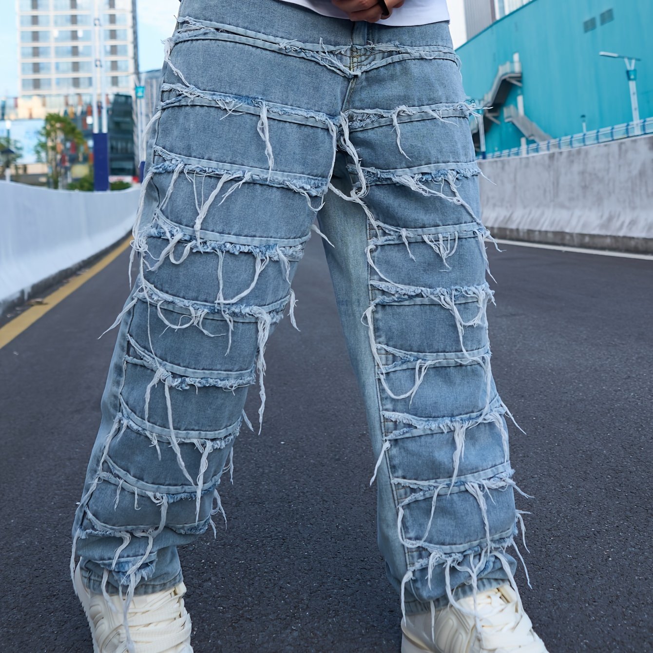 European And American Men's Heavy Wash Whiskered Patch Jeans, Distressed Loose Slim Straight-leg Pants