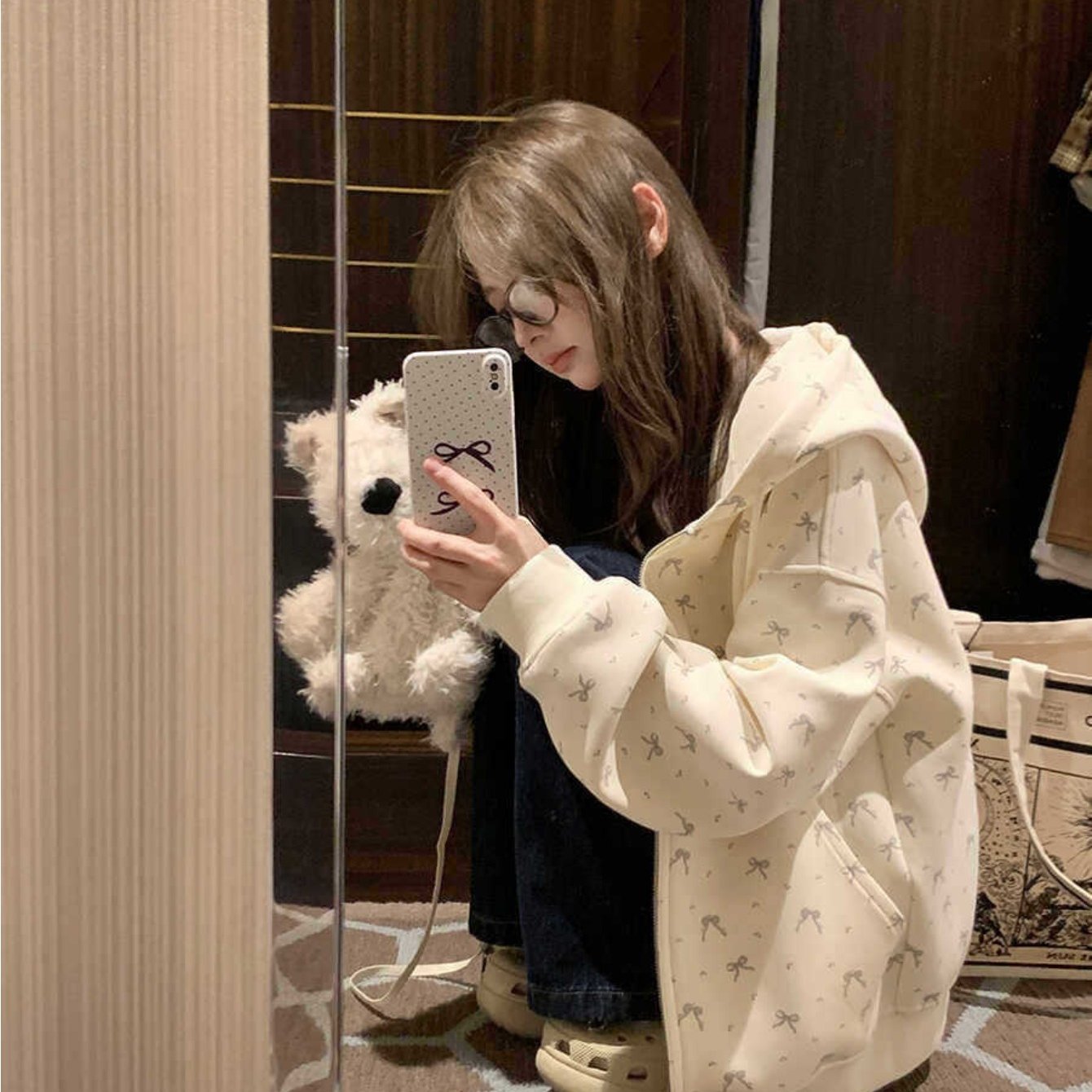 TEMU 【商品名】春のスタイル レディース リボン 花柄 プリント フード付き ジップアップ フリース裏地 ス カーディガン & ワンピース な小柄な体型にも合う