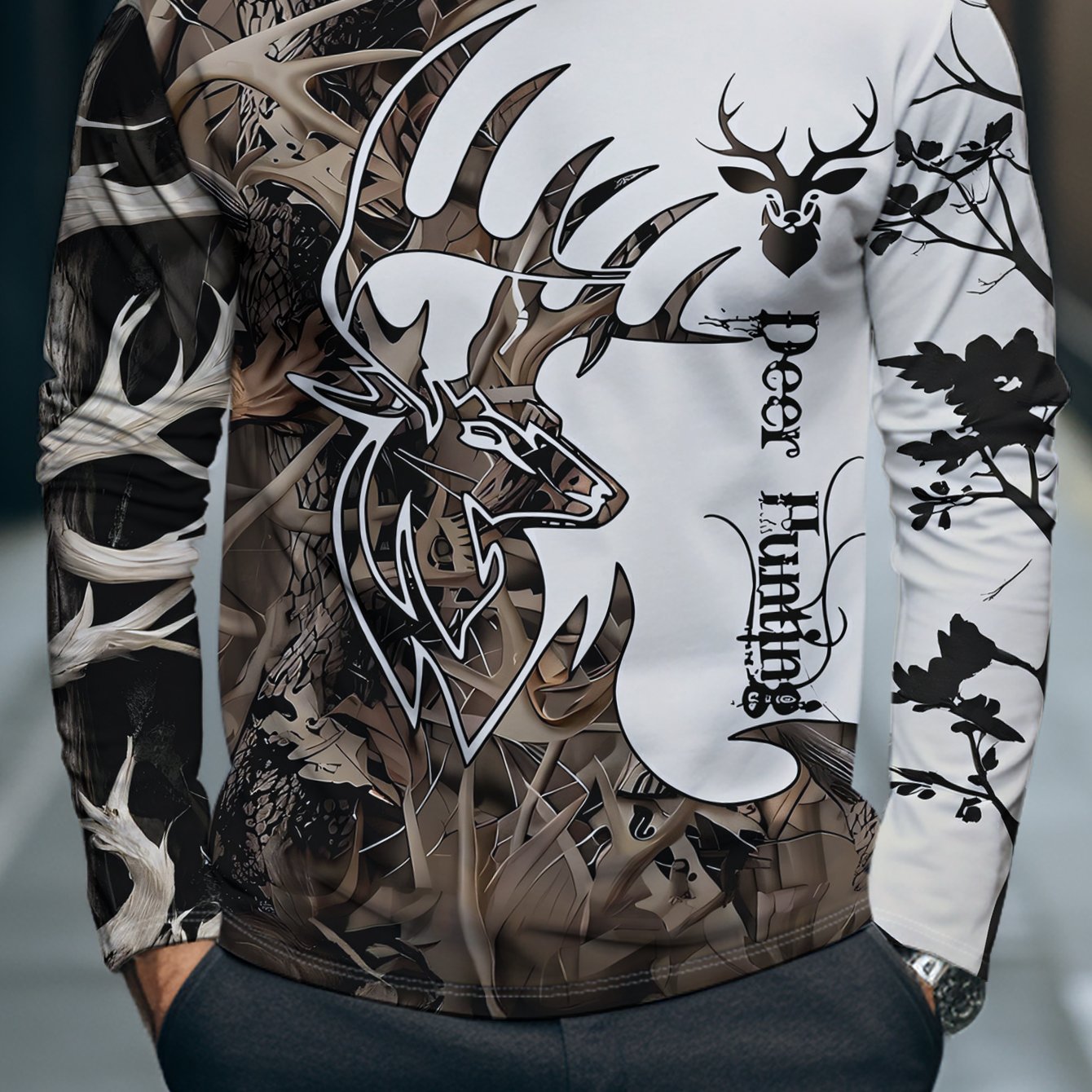 TEMU Men's Long-sleeve T-shirt, New Autumn Style, Made Of Breathable And Comfortable Fiber, Featuring A Trendy Deer Head Print. This Casual And