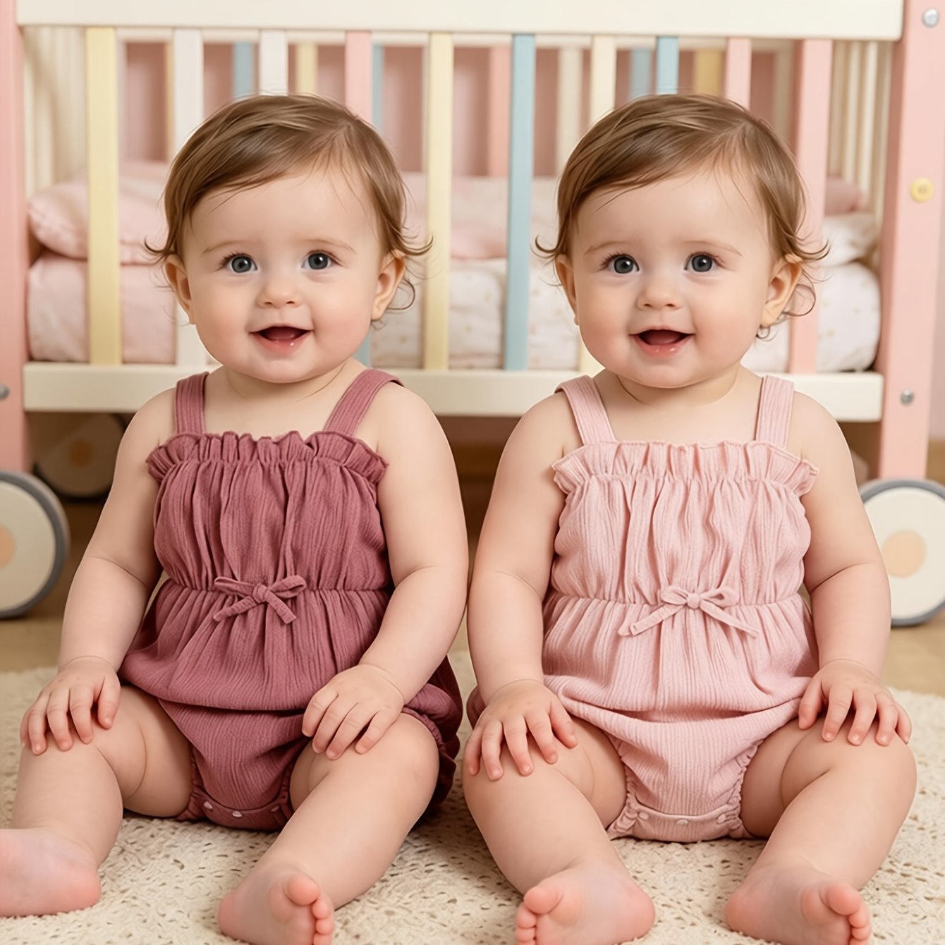 2pcs Set Girls' Solid Color Bubble Texture Soft Fabric Ruffle Strap Triangle Bodysuit, Suitable For Outdoor Summer, Perfect For Outdoor