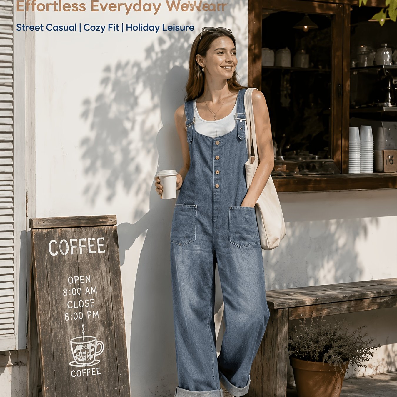 TEMU Combinaison de travail décontractée 1 pièce, ample en jean délavé vintage pour femme avec boucle réglable