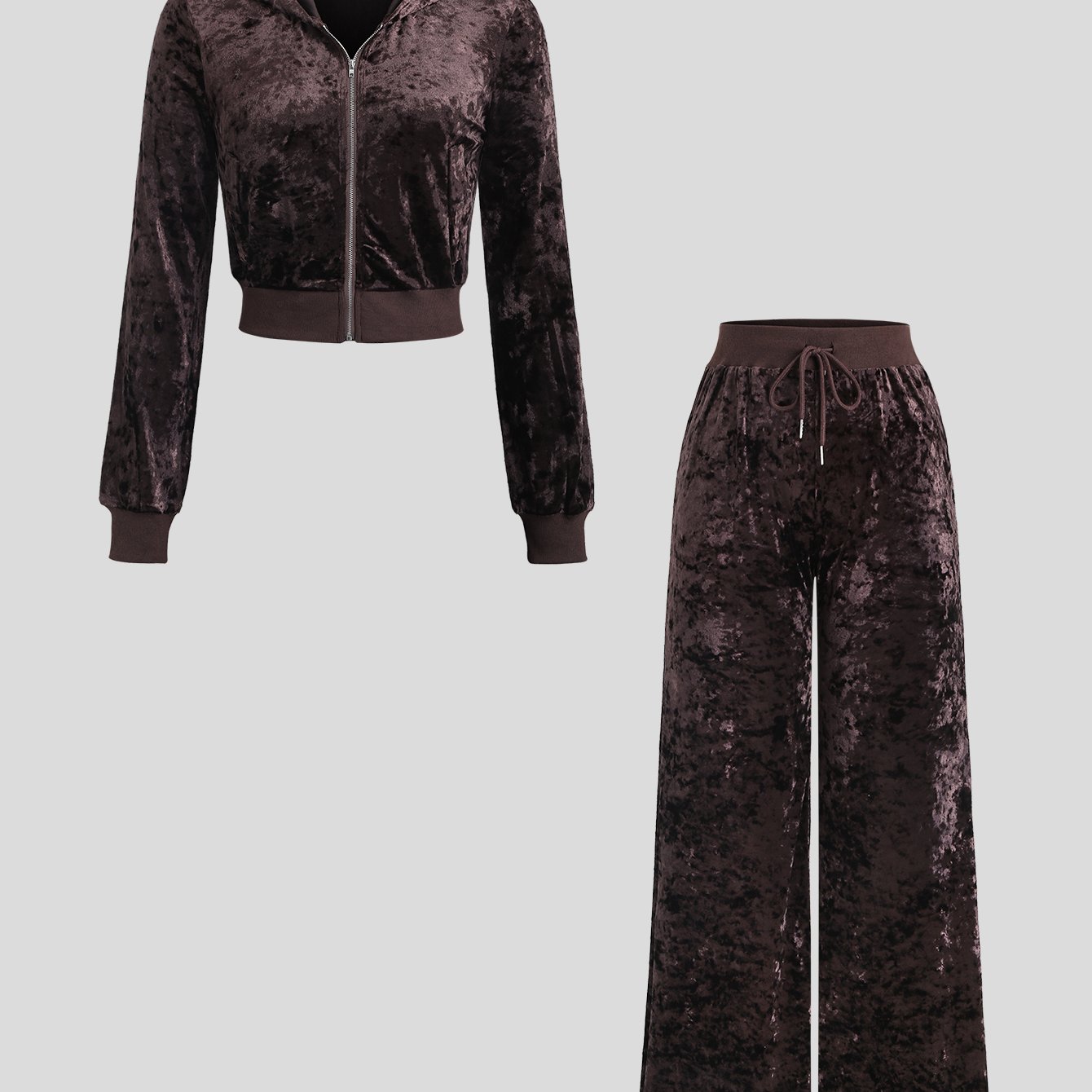 TEMU 2026 New Dark Hooded Set Women's Short Zip-up Jacket And Wide-leg Pants Two-piece Outfit Fall Winter Retro Lazy Style Set