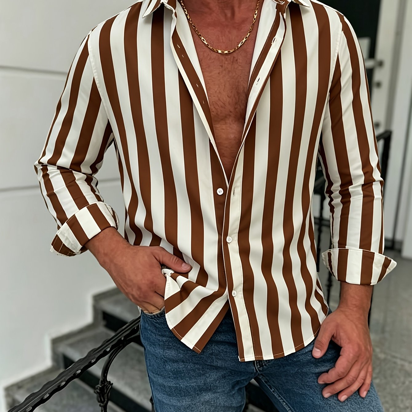 TEMU Men's Brown And White Vertical Stripe Long-sleeve Shirt, Vintage Lapel Casual Top, Versatile For Business, Commuting, And Vacation Wear