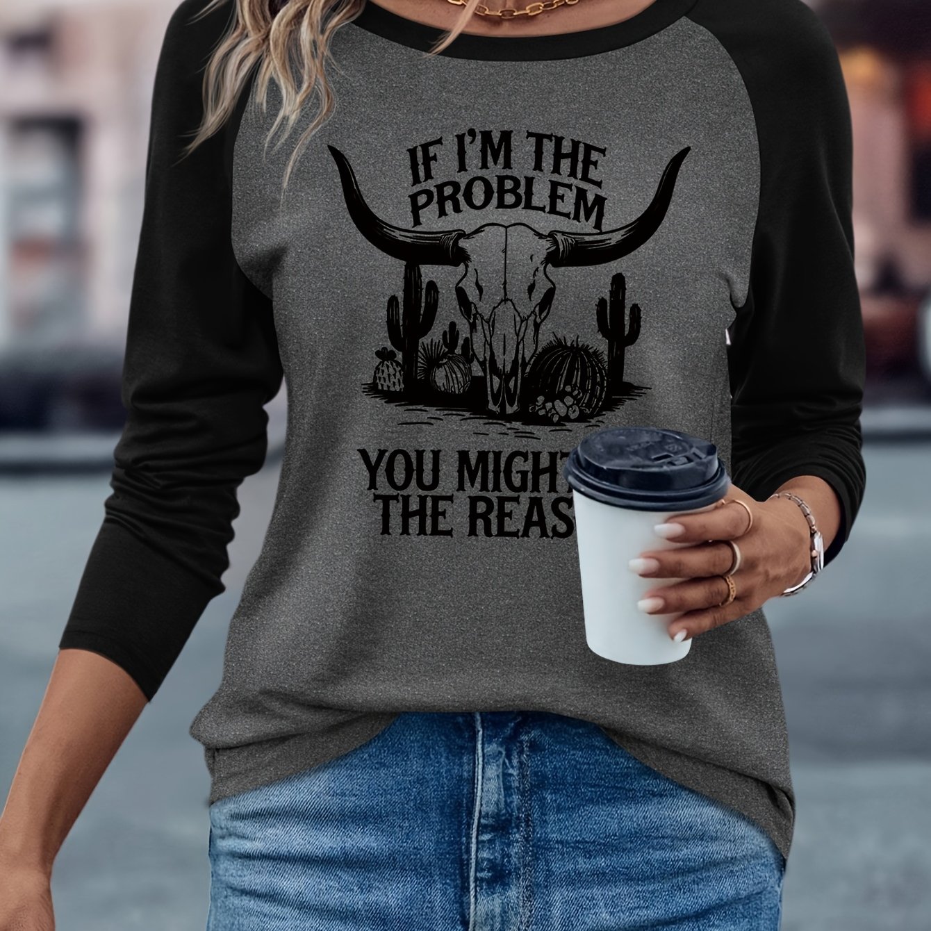 TEMU Country Music Pattern Print Women's Fall Winter Top Casual Versatile Comfortable Leisure Contrast Off-shoulder Long Sleeve T-shirt