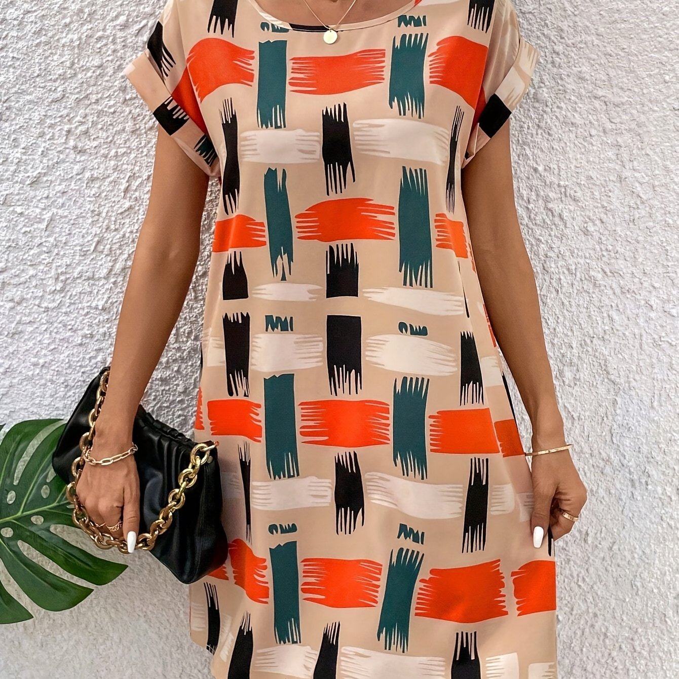TEMU Women's Minimalist Printed Dress, Loose Fit Suitable For Spring And Summer, Machine Washable, Made Of 95% Polyester And 5% Spandex.