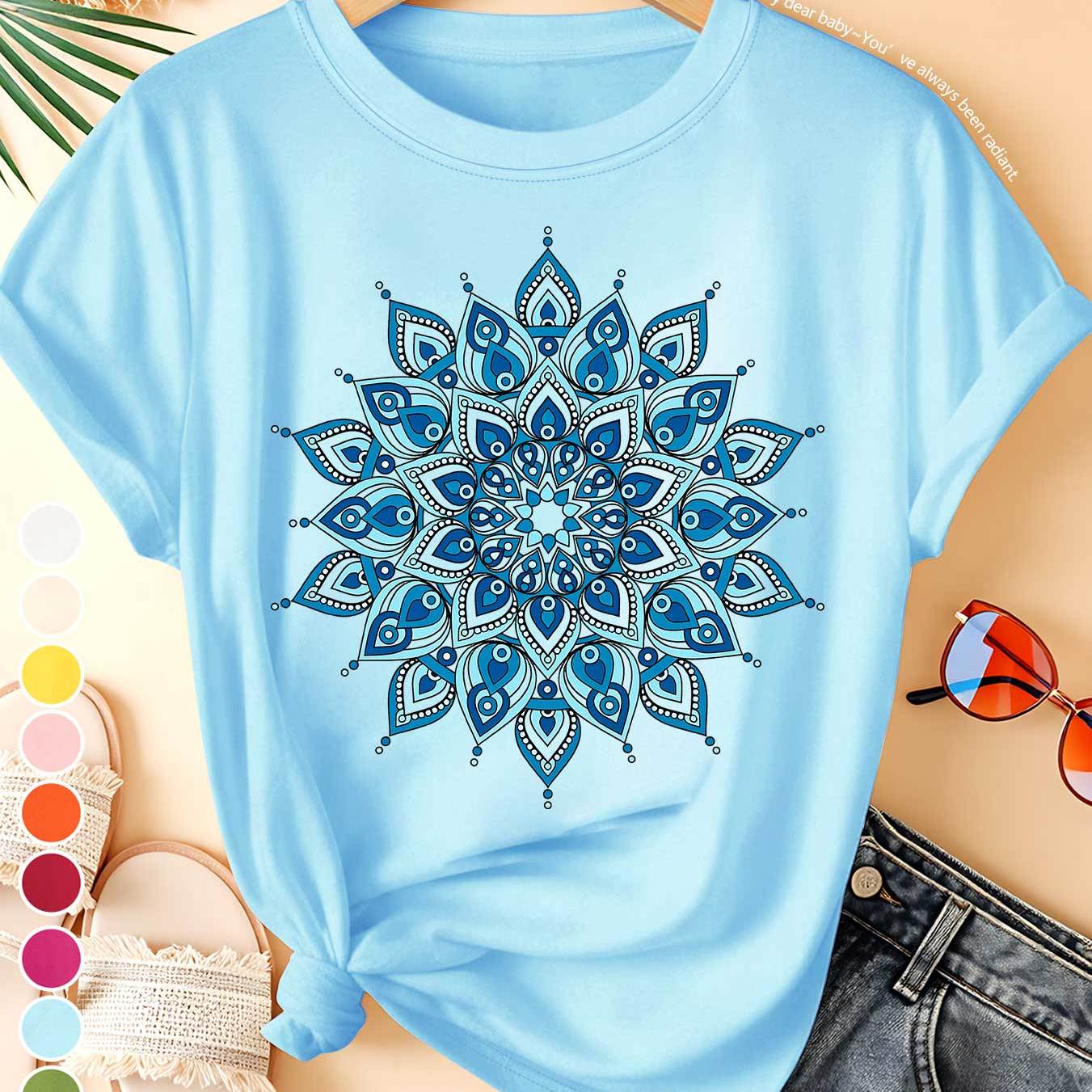 TEMU Summer New Women's Plus Size T-shirt Light Mandala Print Daily Street Commuting Vacation Summer Travel Wear Spring, Summer And Autumn Elegant