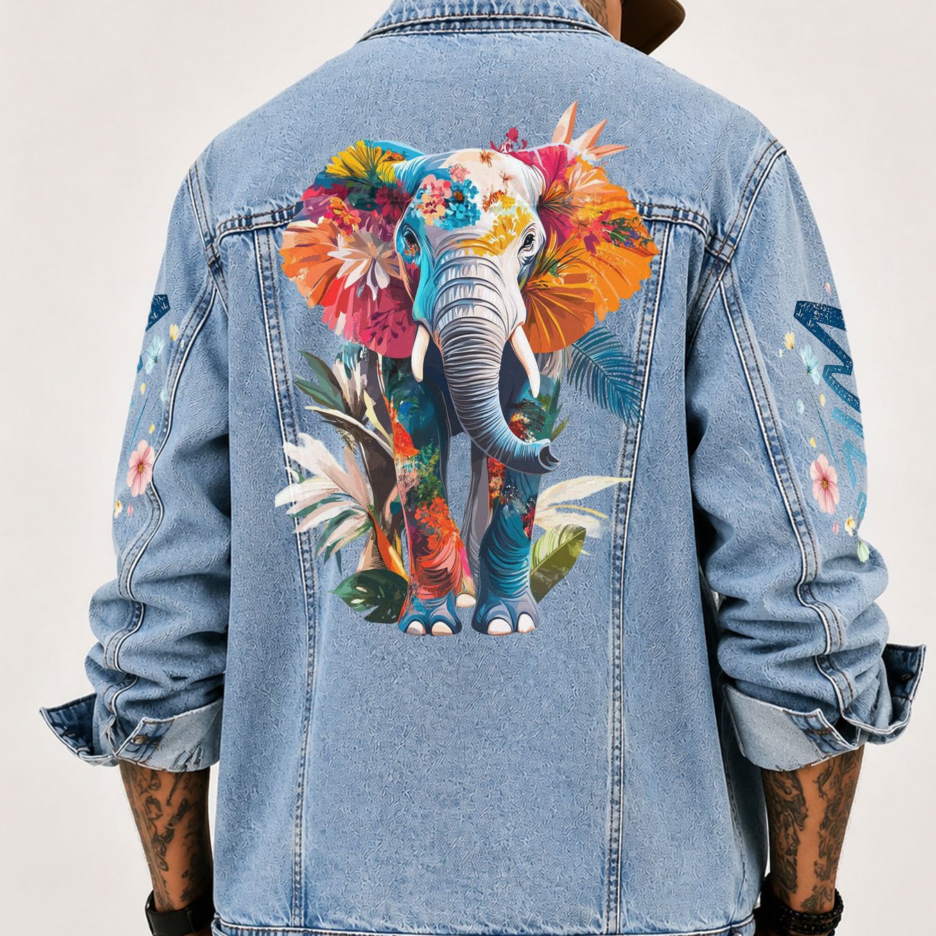 Image of Unisex Denim Jacket Elephant Floral Graphic Print Vintage Washed Loose Fit Trucker Jean Coat Button Lapel Streetwear Outerwear