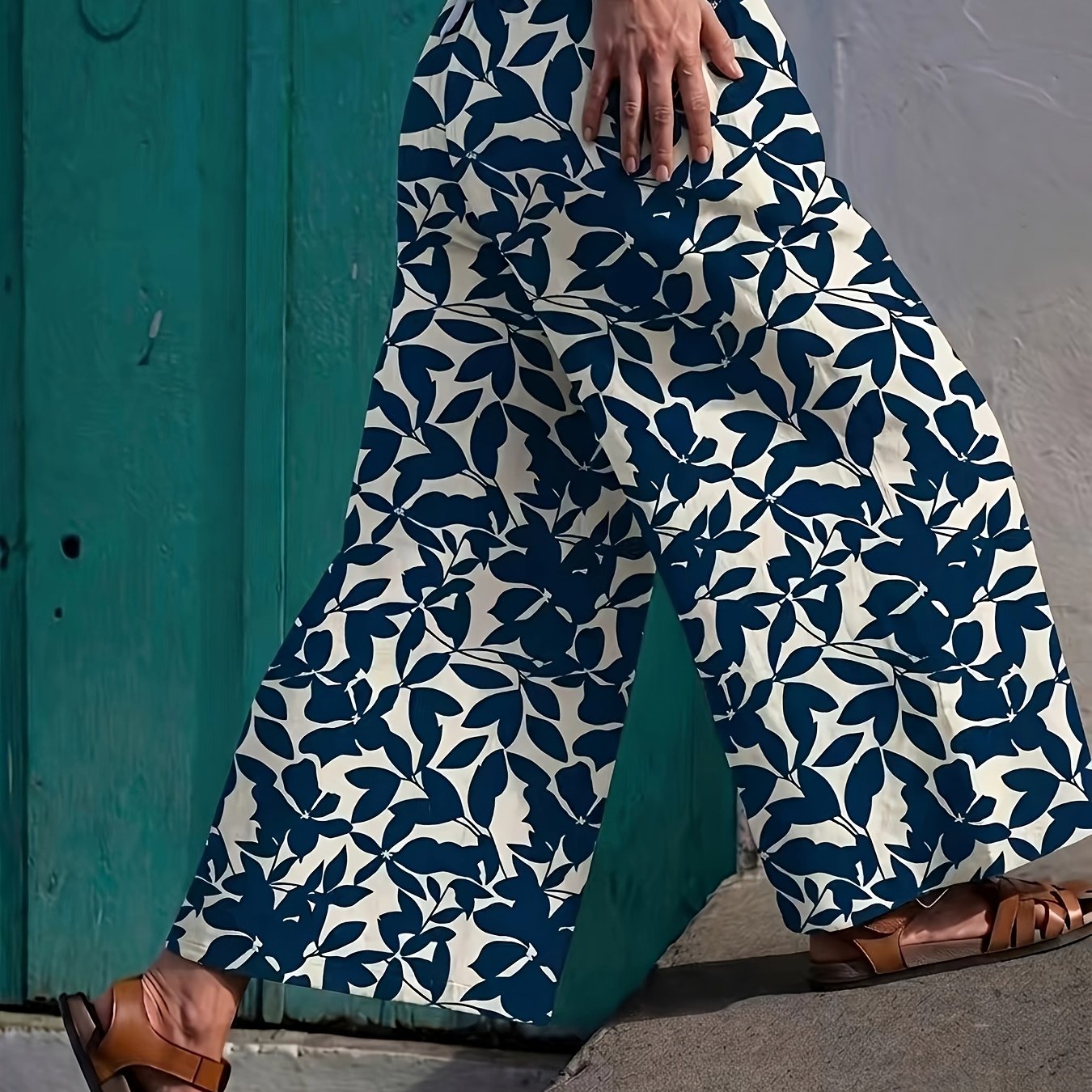 TEMU Women's High Waist Wide Leg Holiday Plant Print Pants Summer Casual Wide Leg Pants Women's Loose Beach Wear Comfortable Long Pants Summer