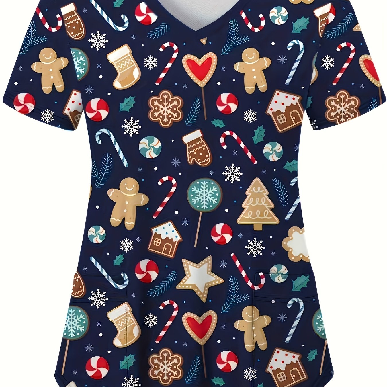 TEMU Women's Christmas Gingerbread For Man And Candy Cane Print Nurse Uniform - V-neck Short Sleeve Scrub Dress With Pockets, Gingerbread Pattern