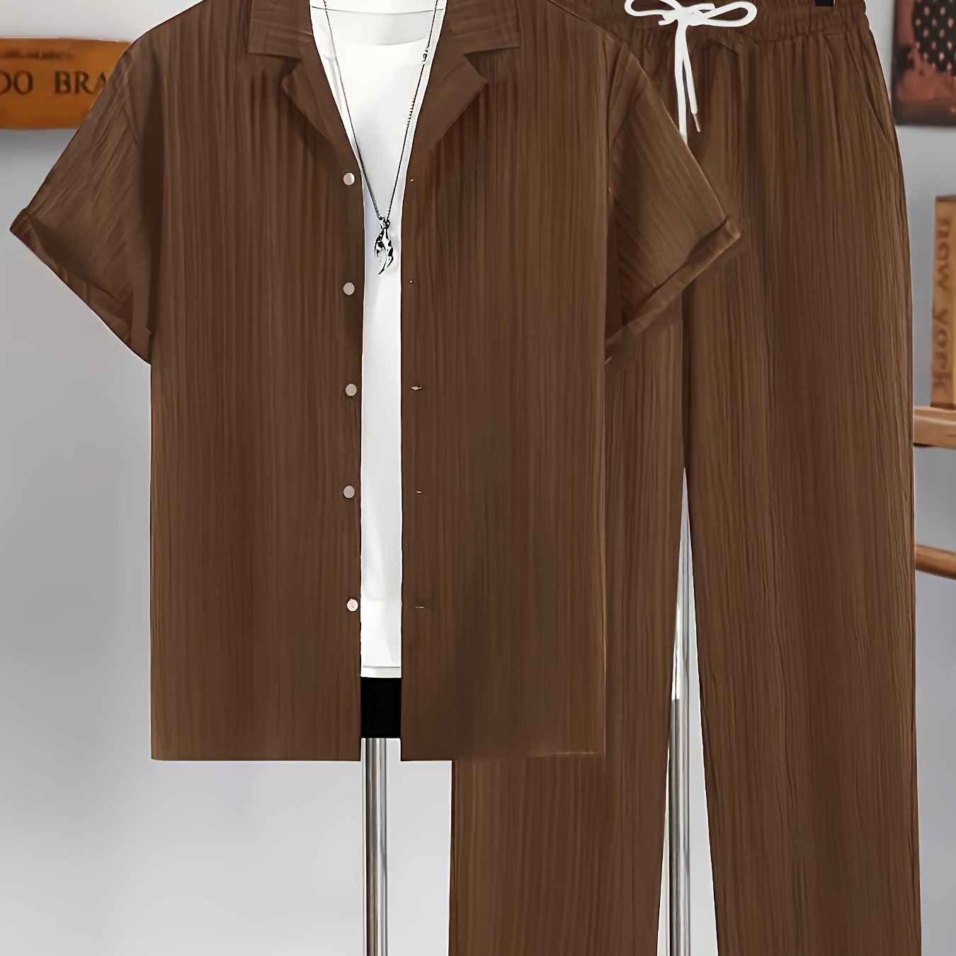 TEMU Men's Casual 2pcs Set: Short Sleeve Button-up Shirt & Drawstring Pants - Summer Leisure