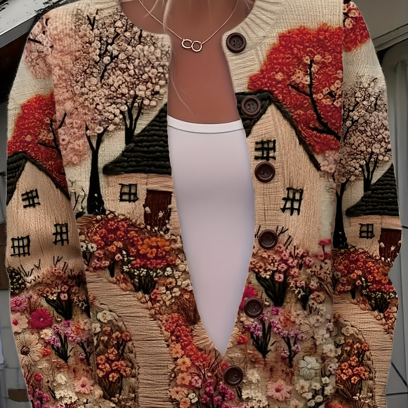 TEMU Women's Autumn/winter Elegant And Versatile Printed Cardigan Sweater