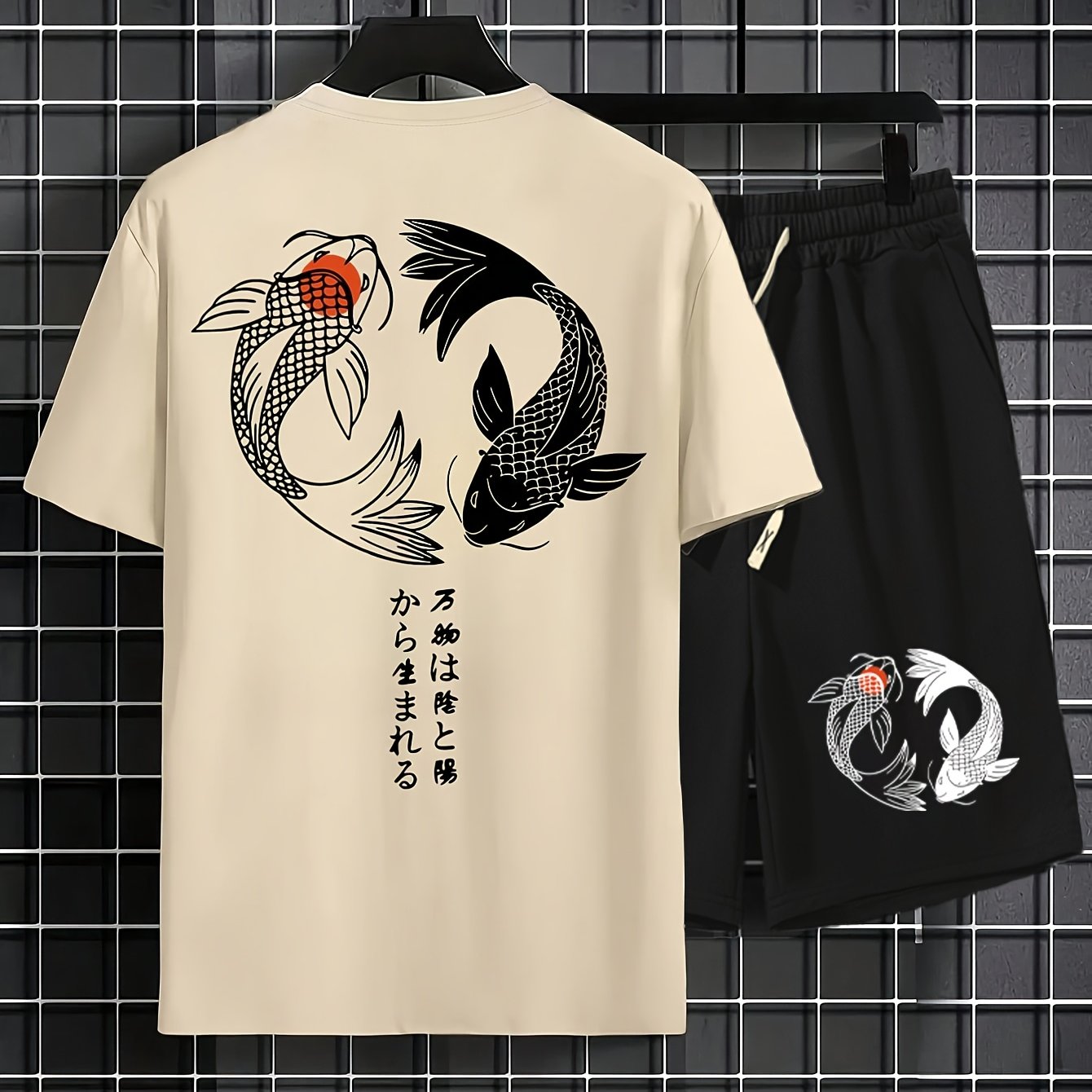TEMU Men's Tai Chi Koi Fish Pattern T-shirt And Drawstring Waist Shorts Set