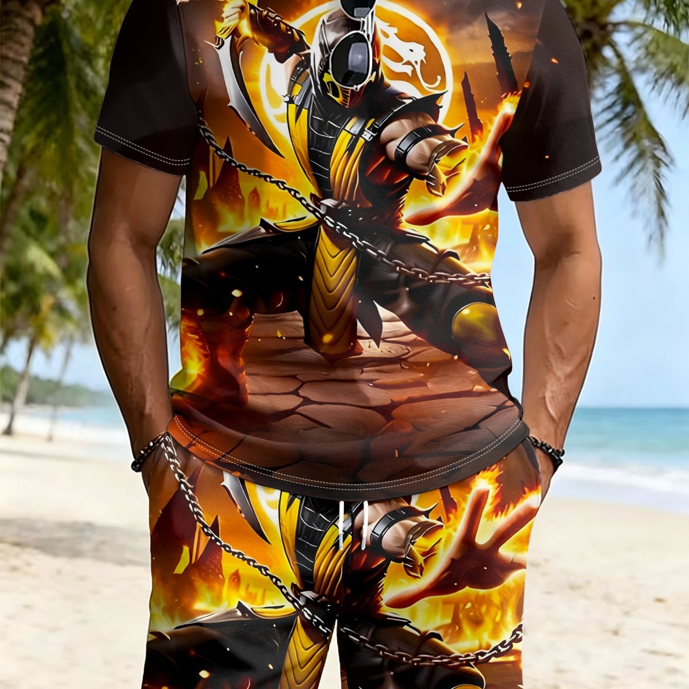 TEMU Men's Short Sleeve T-shirt Set, Polyester Material, Classic Fighting Game Character Print, Trendy Individual Style, Breathable And Comfortable,