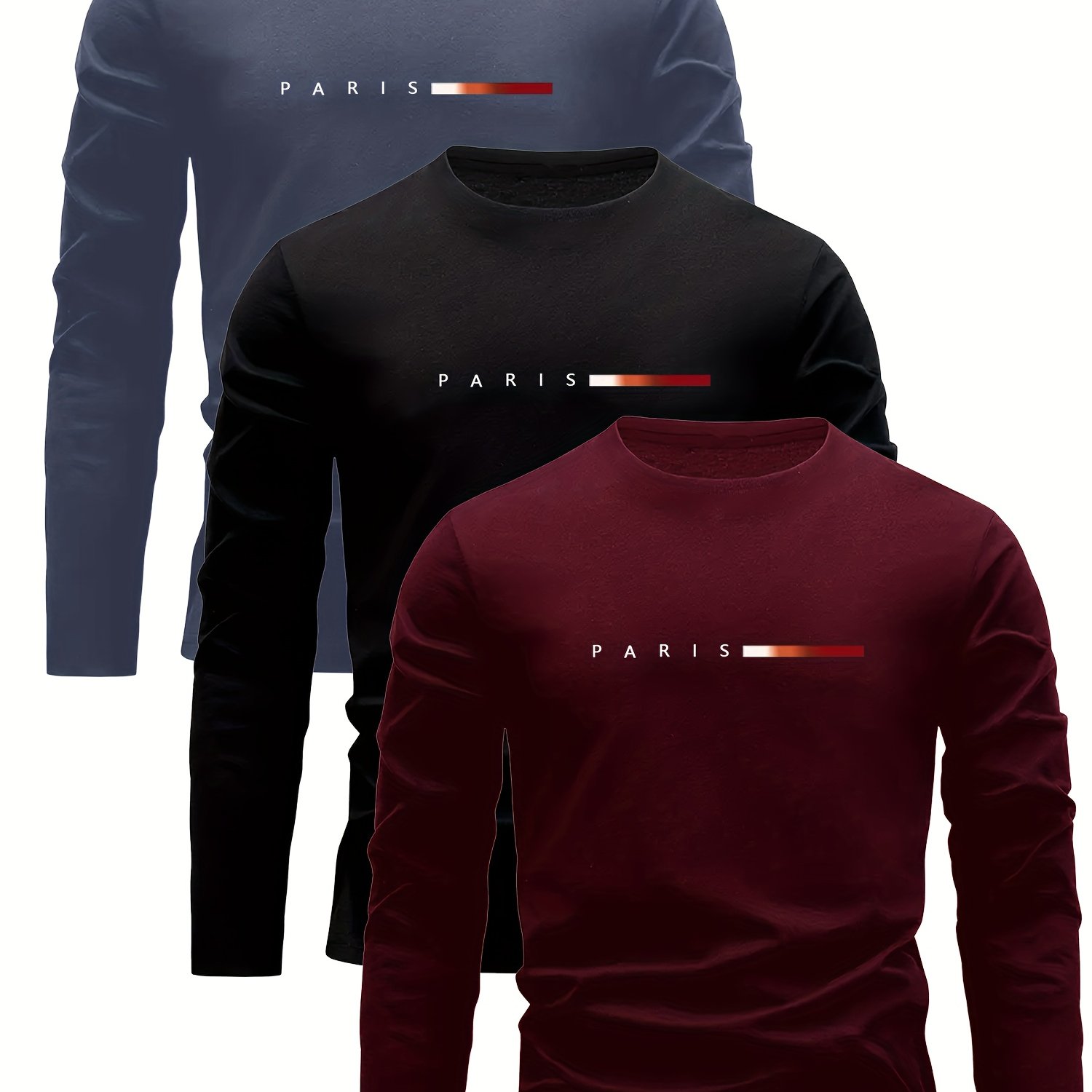 E-shop 3er-Set gemischte PC-bedruckte Herren-Langarm-T-Shirts mit Rundhalsausschnitt PARIS-Muster, ultraleicht, schnelltrocknend, atmungsaktiv,