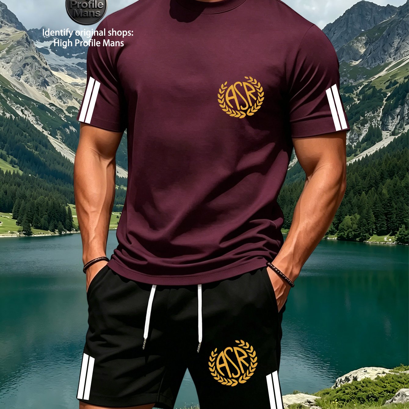 TEMU 2pcs Men's Summer Breathable Casual Set, Striped Cuff Design, Drawstring Shorts With Pockets, Asr Letter Patch Print, Fashionable Outdoor