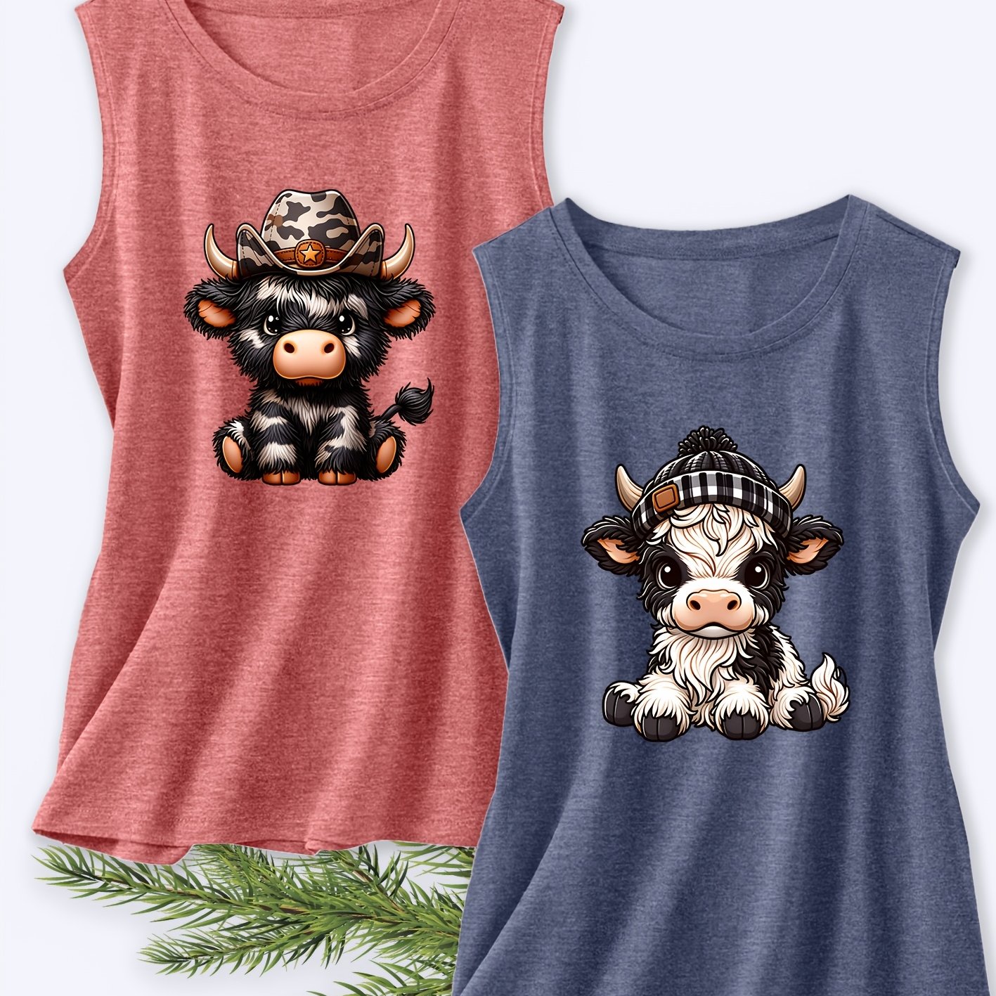 TEMU Two-pack Fun Women's Cute Tank Tops With Cartoon Calf Print In Denim Style, Round Neck Casual Tops, Suitable For Daily Wear And Vacation ,