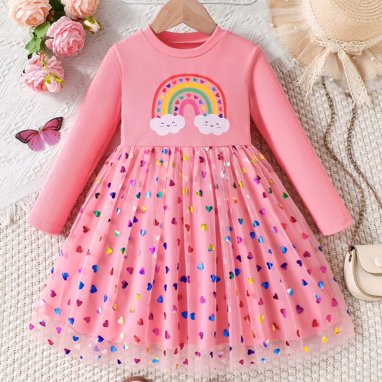 Image of Young Girl Autumn/winter Cute And Fashionable Rainbow Heart Print Mesh Hem Dress, A Suitable Gift For Your Daughter