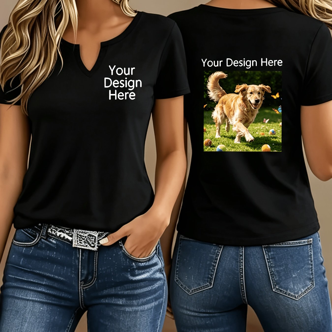 TEMU Custom Printed V-neck Short-sleeve Women's T-shirt. Suitable For Daily Casual Wear, A Versatile And Fashionable Style. Custom Printing On Front