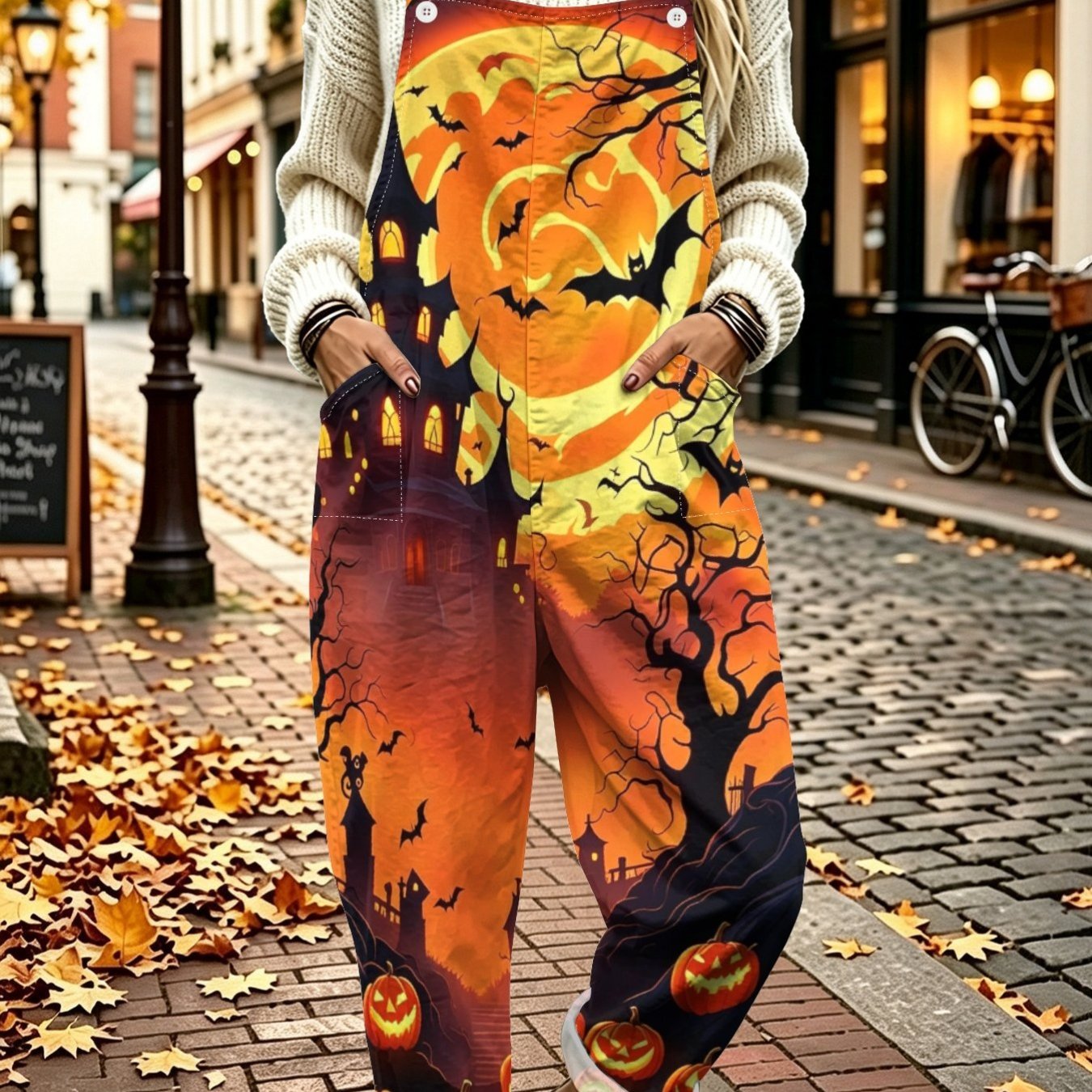 TEMU Sunset Castle Dead Tree Bat Pumpkin Lantern Print Women's Overalls Autumn Loose Straight Leg Jumpsuit Wide Leg Cargo Pants