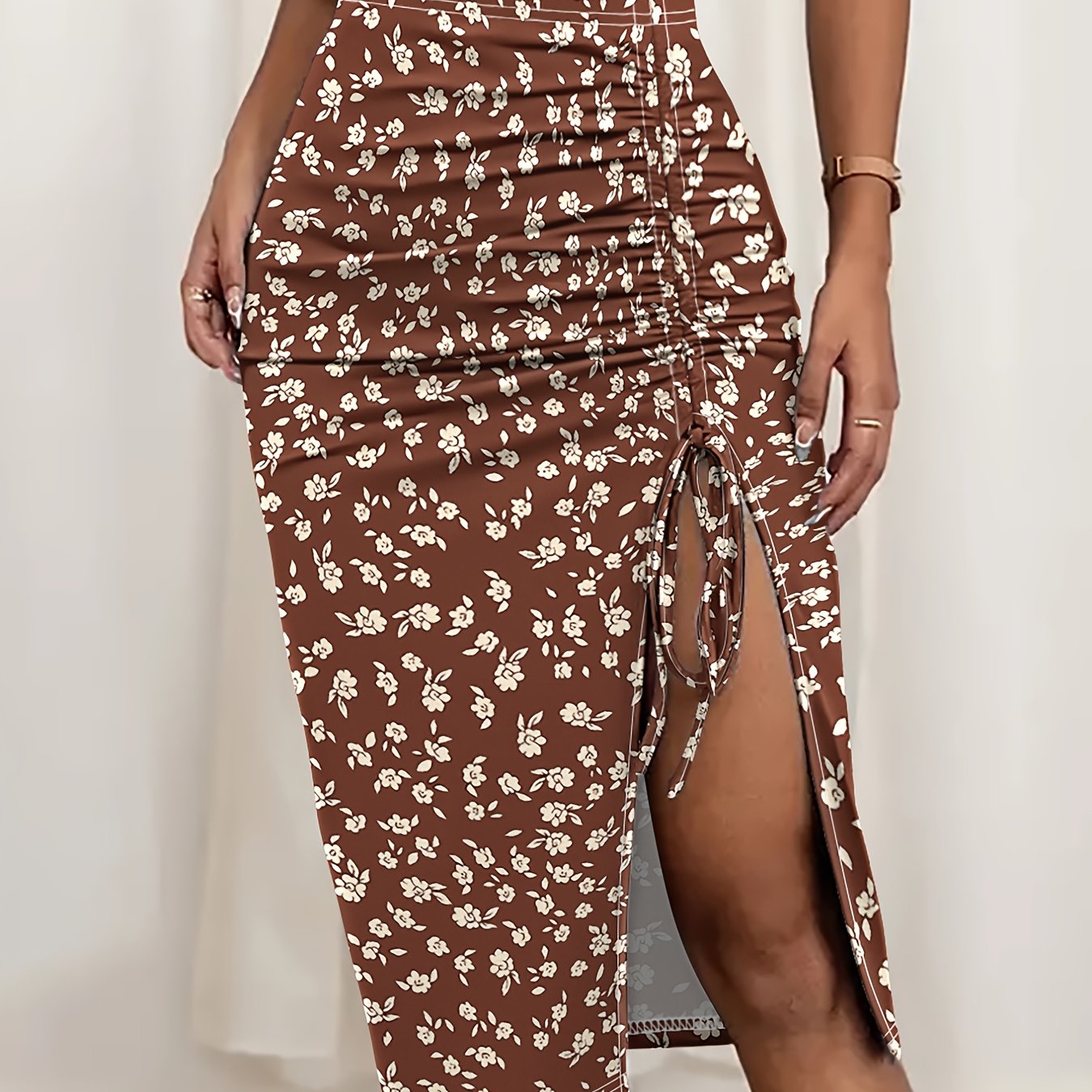 TEMU Sexy Floral Print Side-slit Body-hugging Skirt