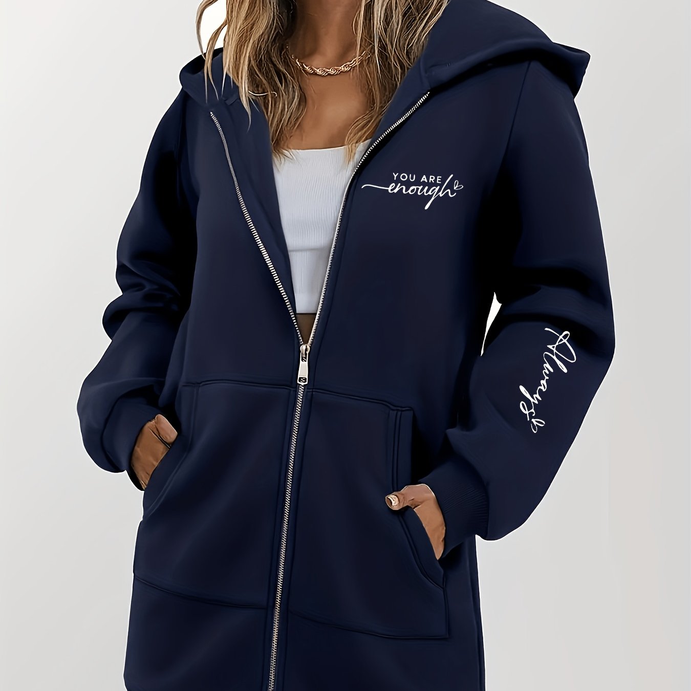 TEMU Sweat-shirt à capuche zippé pour femme avec imprimé de slogan "You Are Enough", cardigan zippé décontracté et polyvalent
