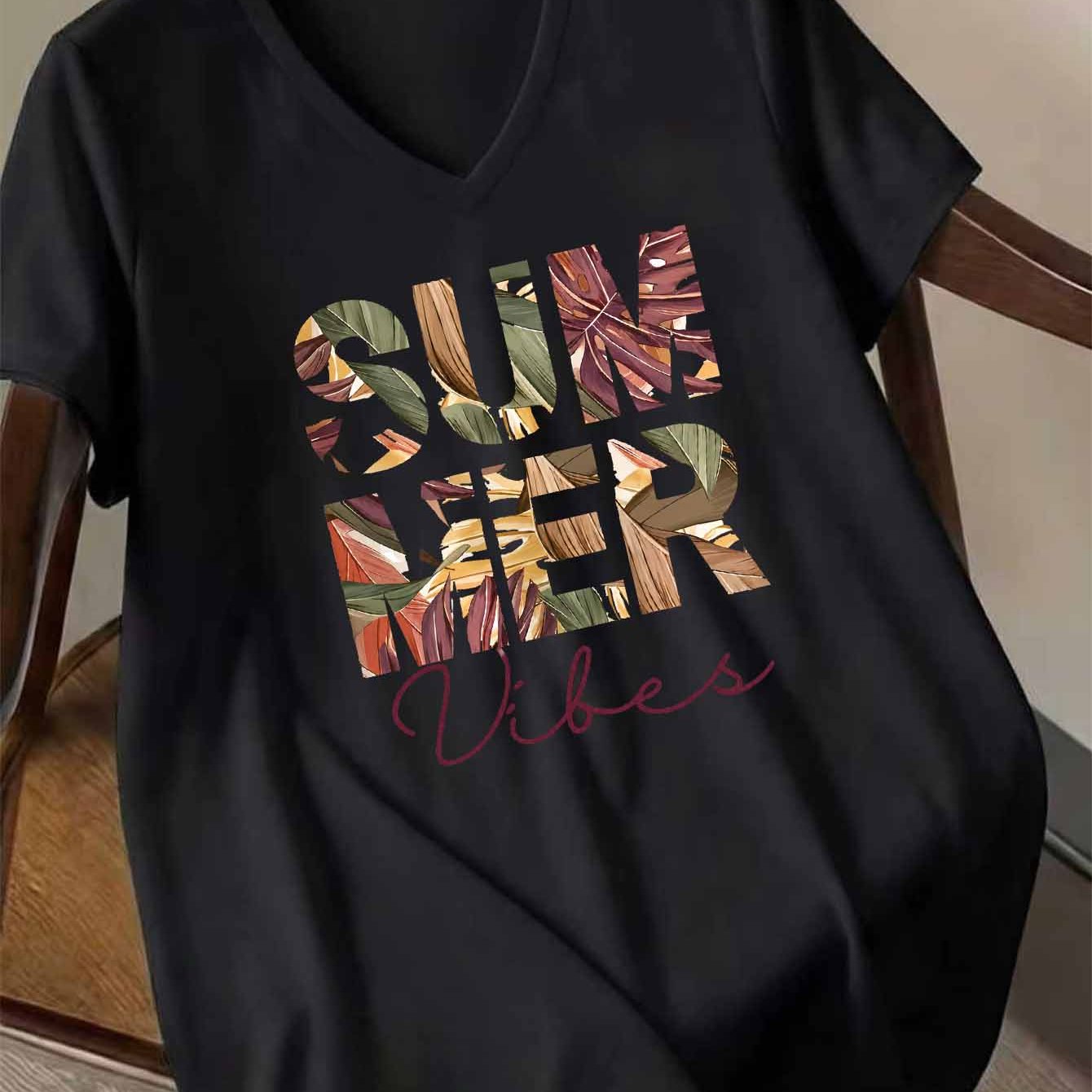 TEMU Plus Size Women's Fashion 2026 New Style Tropical Plant Print V-neck Short Sleeve, Non-tight Non-clingy Non-revealing Loose Casual Top Base