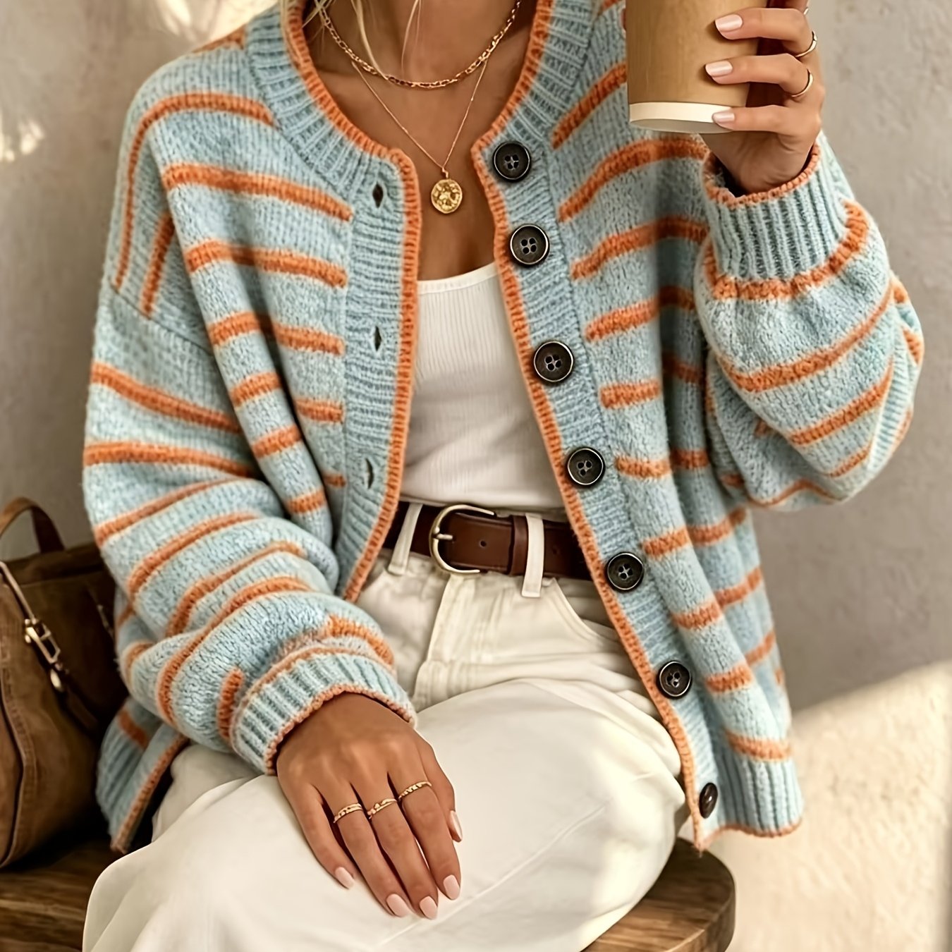 TEMU [dw260820104] Women's Round Neck Single Button Contrast Striped Long Sleeve Cardigan, Loose Casual All-match Fashion Style, Suitable For Autumn