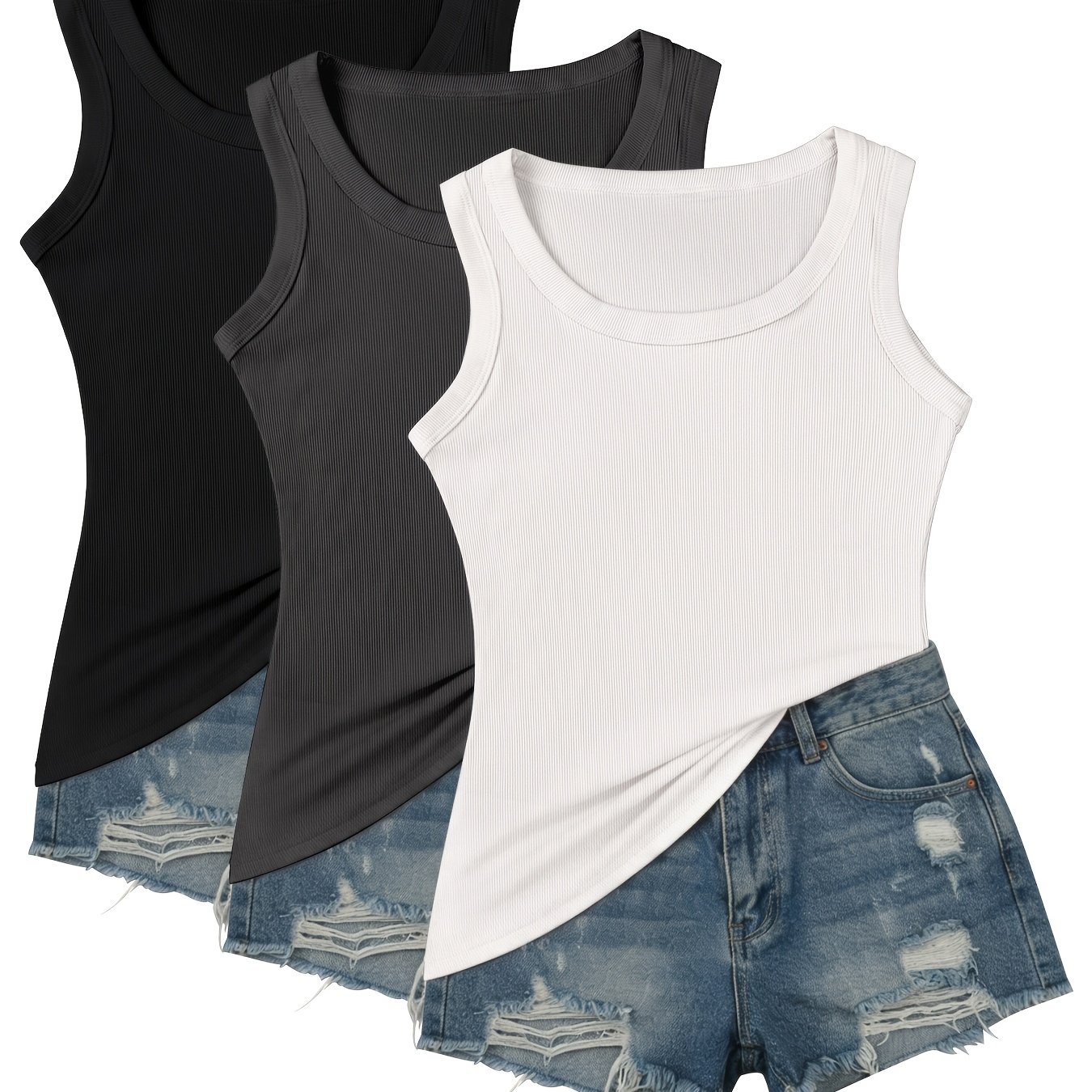 3pcs Summer Ribbed Tank Tops For Women, Breathable Loose Long Vests, Simple Sleeveless Base Layer Tops That Worn As Outerwear