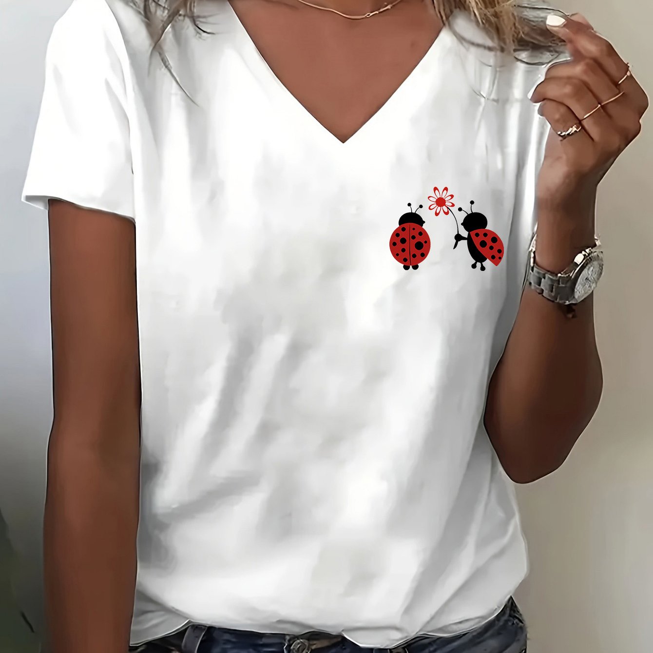 TEMU Letter Print T-shirt, Short Sleeve V Neck Casual Top For Summer & Spring, Women's Clothing