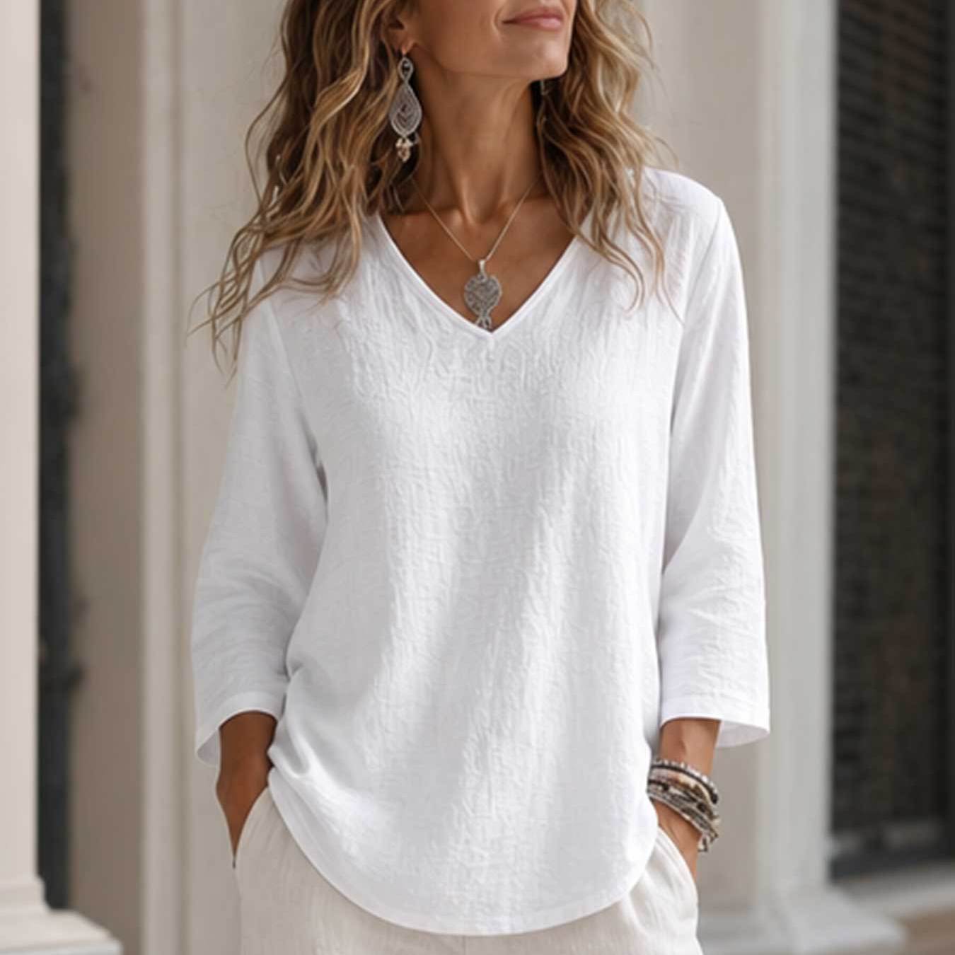 TEMU Women's Qf Solid Color V-neck Shirt - To Medium Length Three-quarter Sleeve Top, Machine Washable Opaque Suitable For Spring Summer Fall, Casual