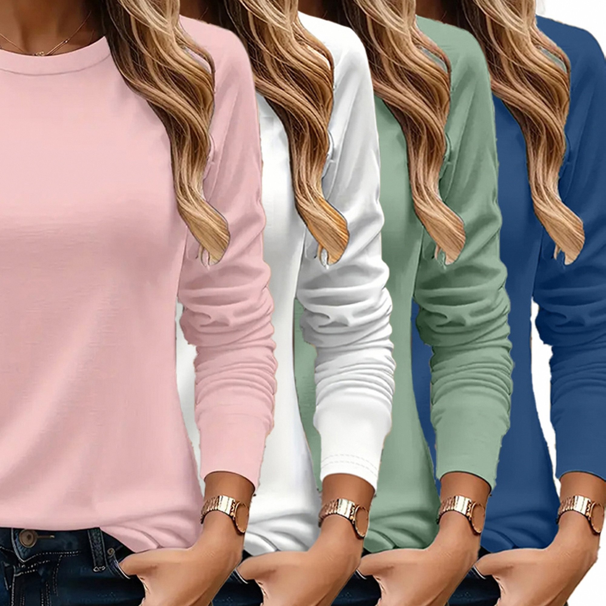 TEMU 4pcs Spring/autumn New Solid Color No-pattern Round Neck Long Sleeve, Loose Casual Women's Top Base T-shirt Machine Washable - Suitable For