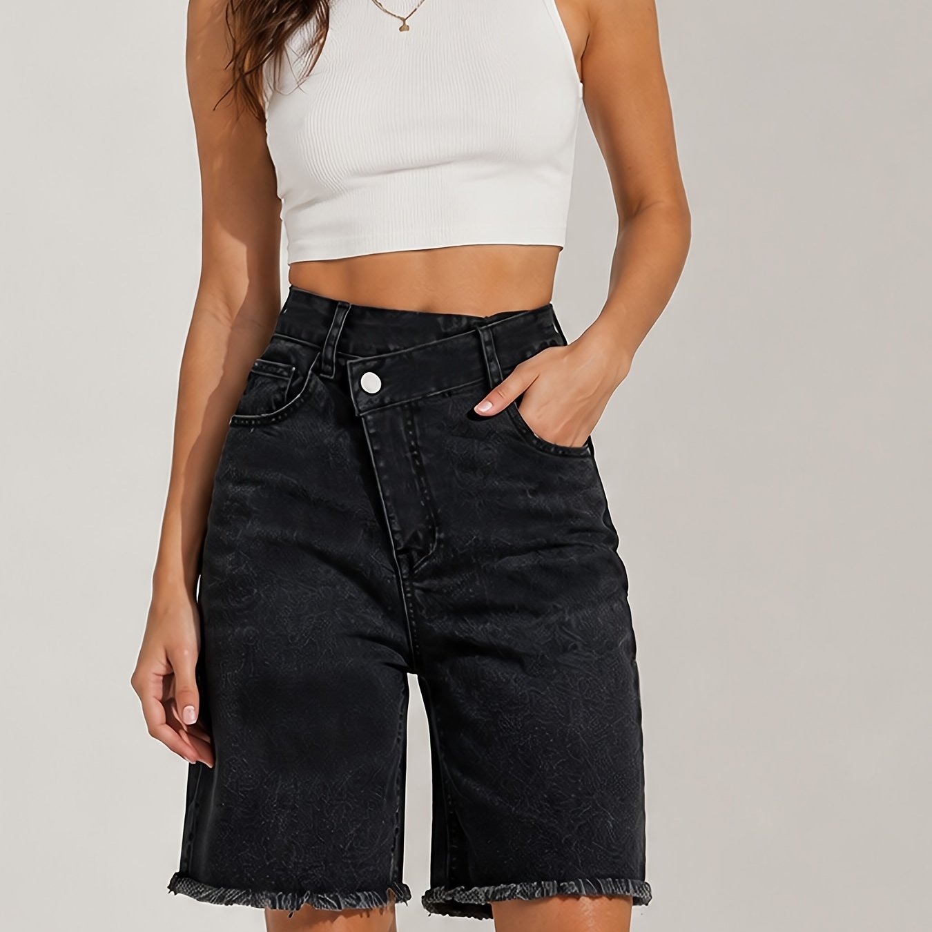 Back-to- Season Women's High-waisted Stretch Denim Bermuda Shorts - Black Washed Frayed Hem, Spring/summer Casual Wear, Machine Washable, -, Asymmetric Waist, Button Closure, Fit, Durable Fabric