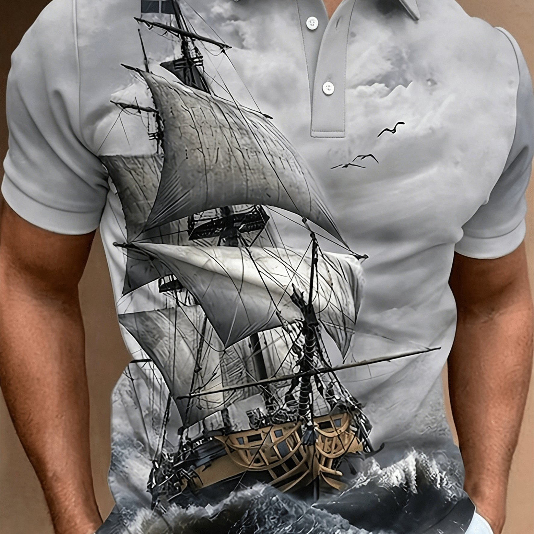TEMU Men's Sailboat Print Shirt - Casual Short Sleeve, Button- Collar, Machine Washable, Summer Nautical Style, Lightweight Fabric, Perfect For Golf