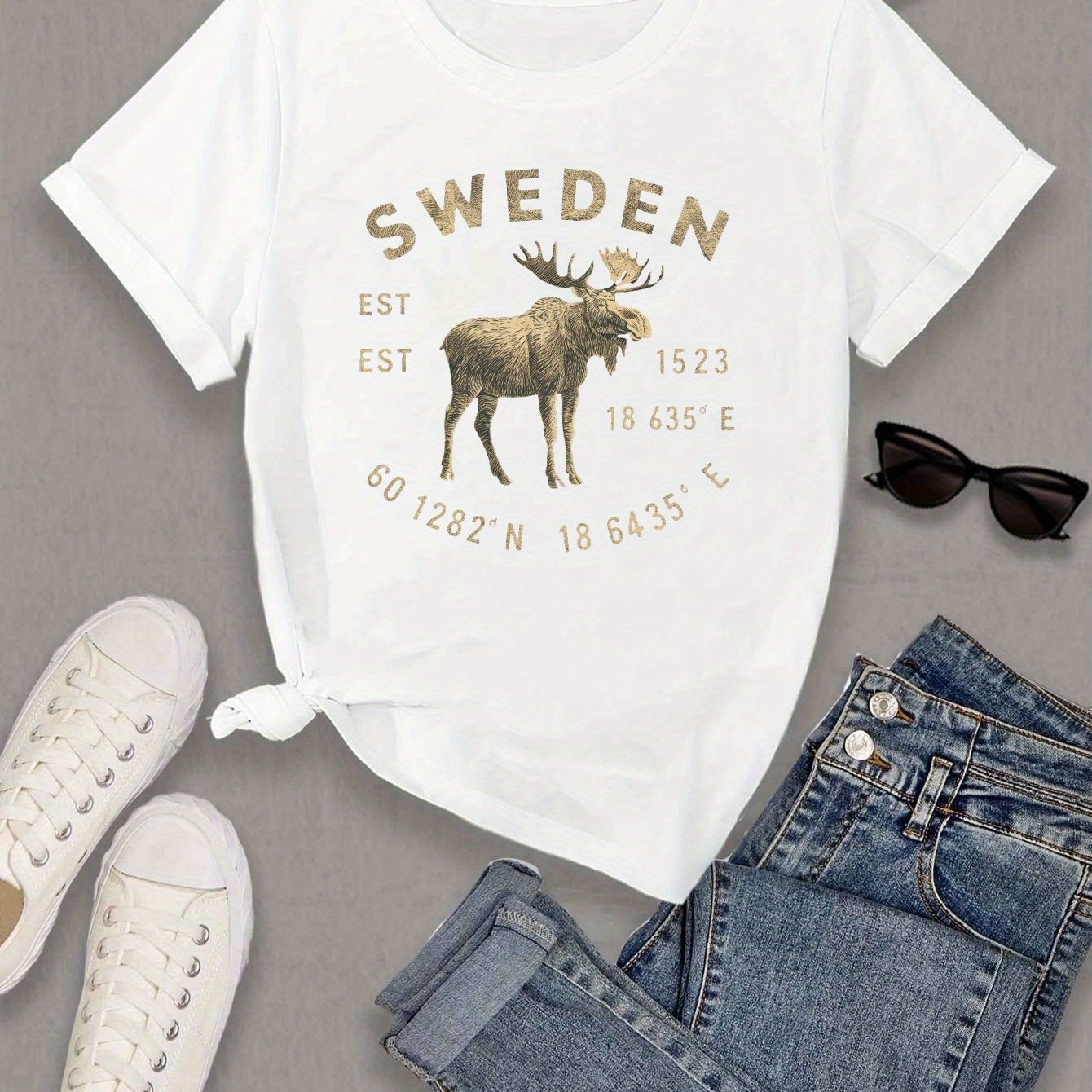 TEMU Sweden Moose Silhouette Print T-shirt, Short Sleeve Crew Neck Casual Top For Summer & Spring, Women's Clothing