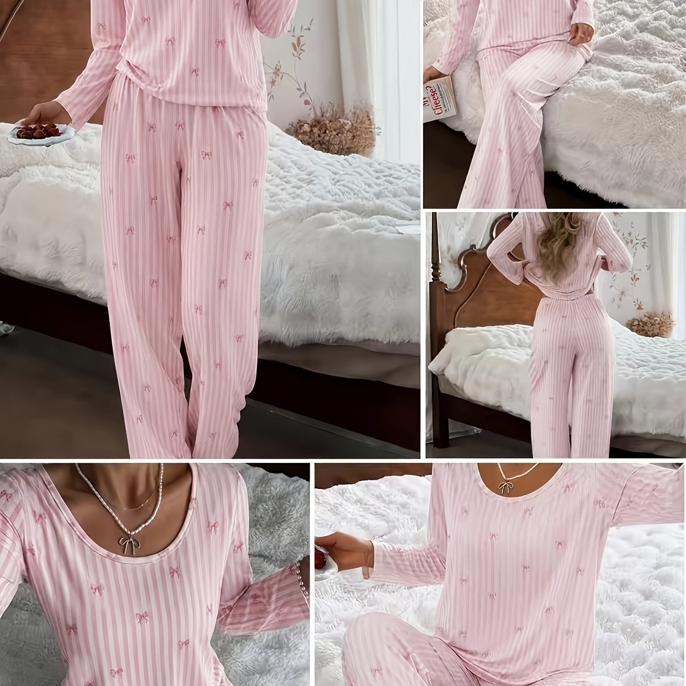 TEMU Women's Pajama And Loungewear 2pcs Set, Spring Summer Autumn Casual Sleepwear, Wear Set, Bow-themed Pajama Set, Loose Round Neck Long Sleeve Top