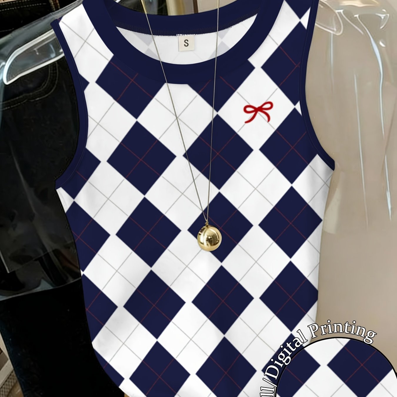 TEMU Fashion Diamond Sleeveless Top Women's Summer New All-matching Printed Vest Casual Trendy Short Top Daily Wear Match Clothes Fresh Niche Item