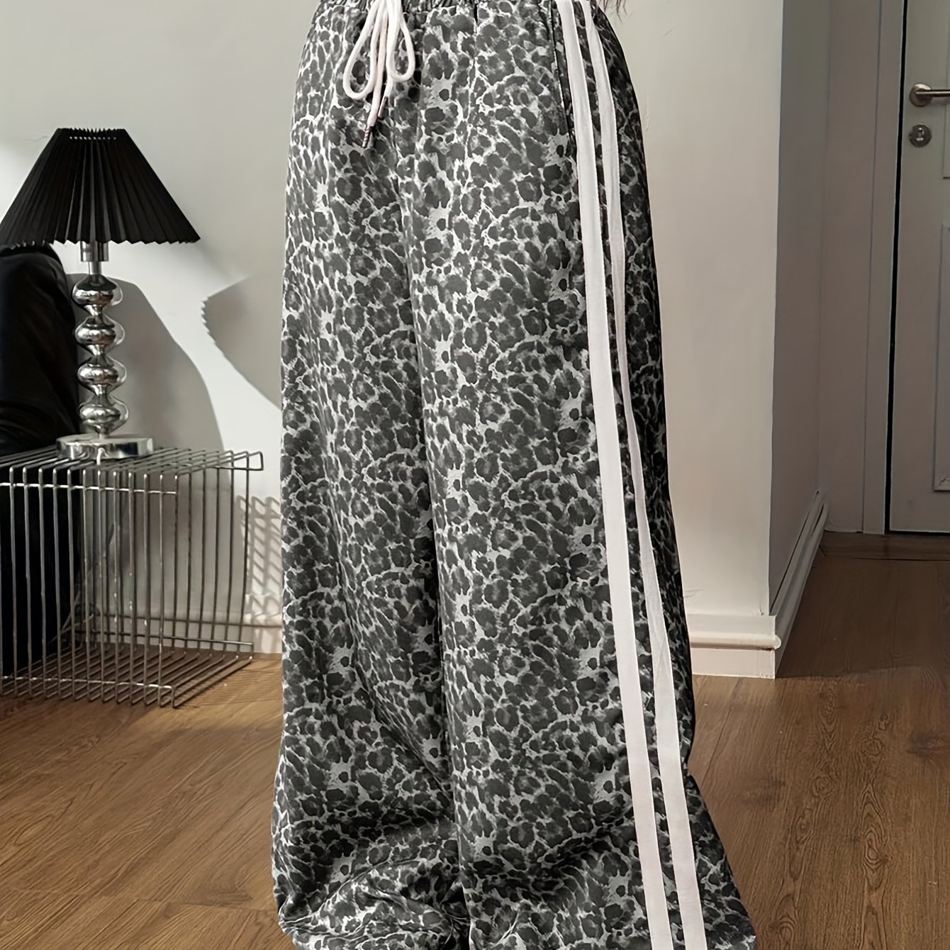 TEMU [printed Design, Not Textured] Women's Drawstring Belt Leopard Side Stripe Wide Leg Loose Trousers - Casual Long Pants, Y2k Style For