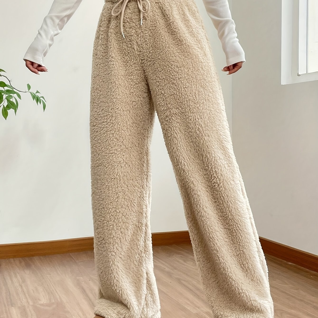 Solid Color Teddy Bear Pants Casual Drawstring Wide Leg - Temu