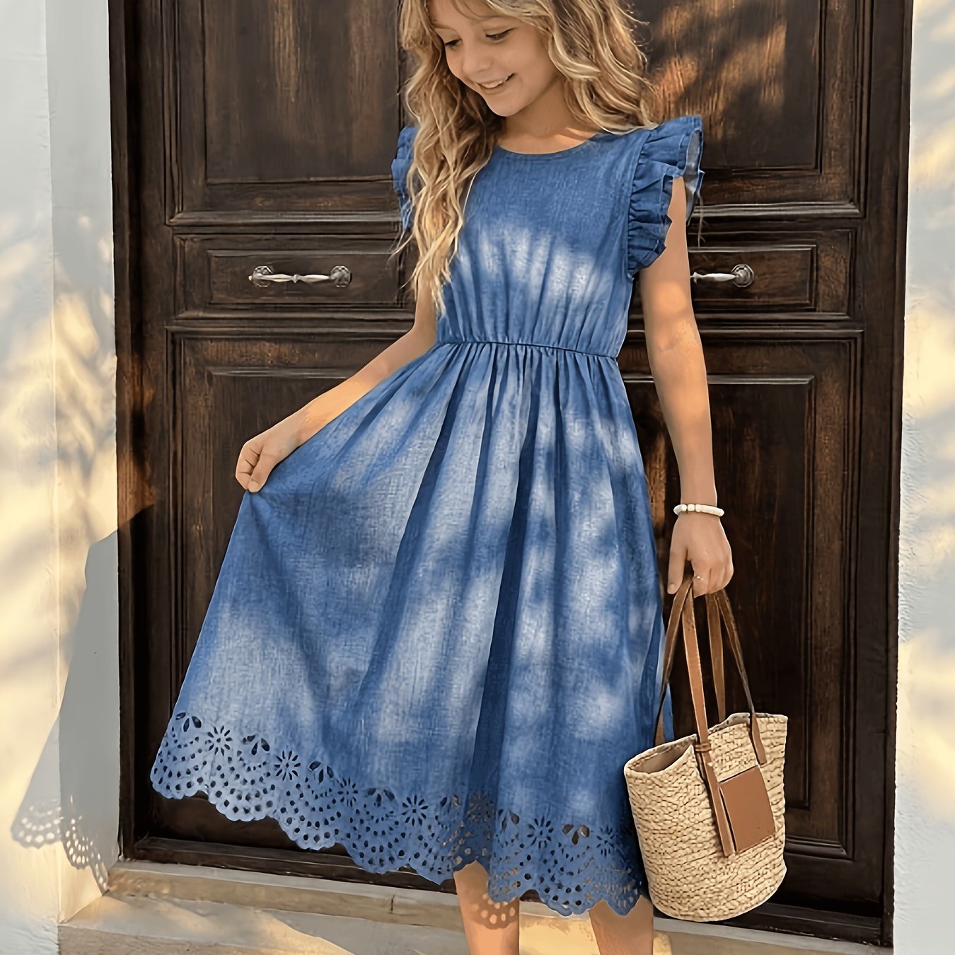 Image of Girls' Dress, Casual, Round Neck, Short Sleeves, Laser Cut-out Hem, Slim Fit, Blue Dress, Elegant, Suitable For Daily Wear